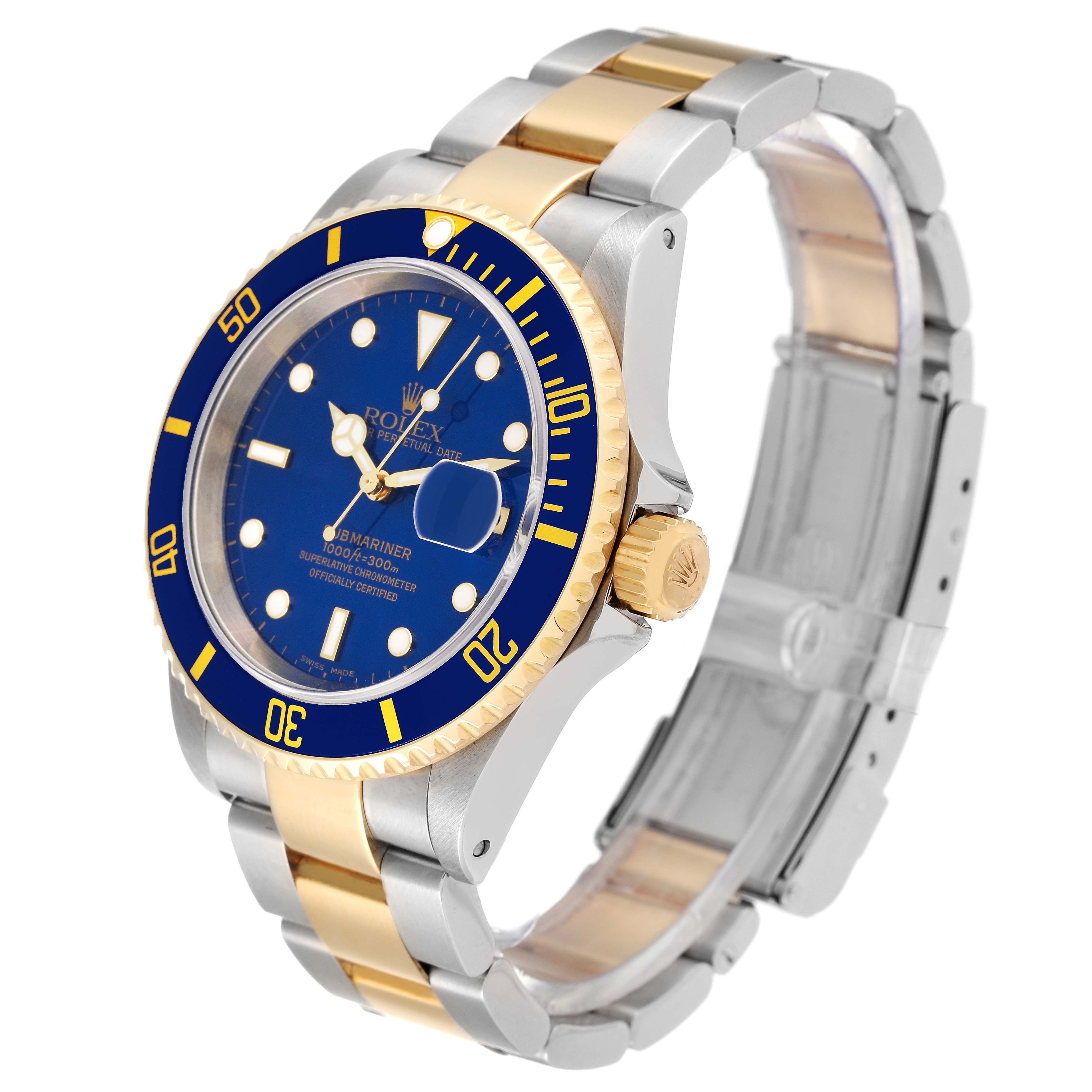 This image shows a Rolex Submariner 16613 Men's Steel and Gold (two tone) Blue Dial 16613 Men's Steel and Gold (two tone) Blue Dial watch from an angled side view, featuring its blue dial, gold bezel, and the two-tone bracelet.