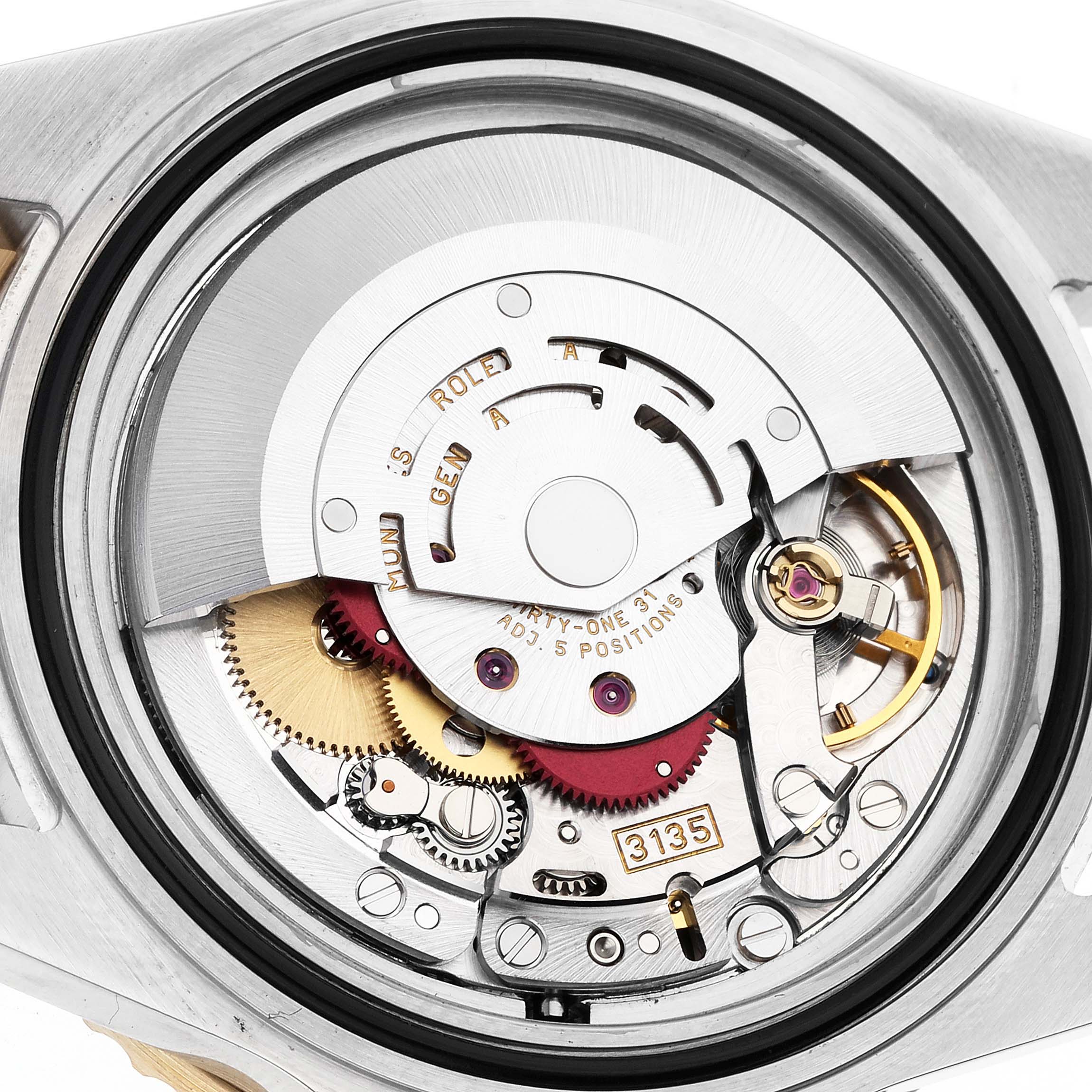 This image shows a close-up of the internal mechanical movement of the Rolex Submariner 16613 Men's Steel and Gold (two tone) Blue Dial 16613 Men's Steel and Gold (two tone) Blue Dial watch.