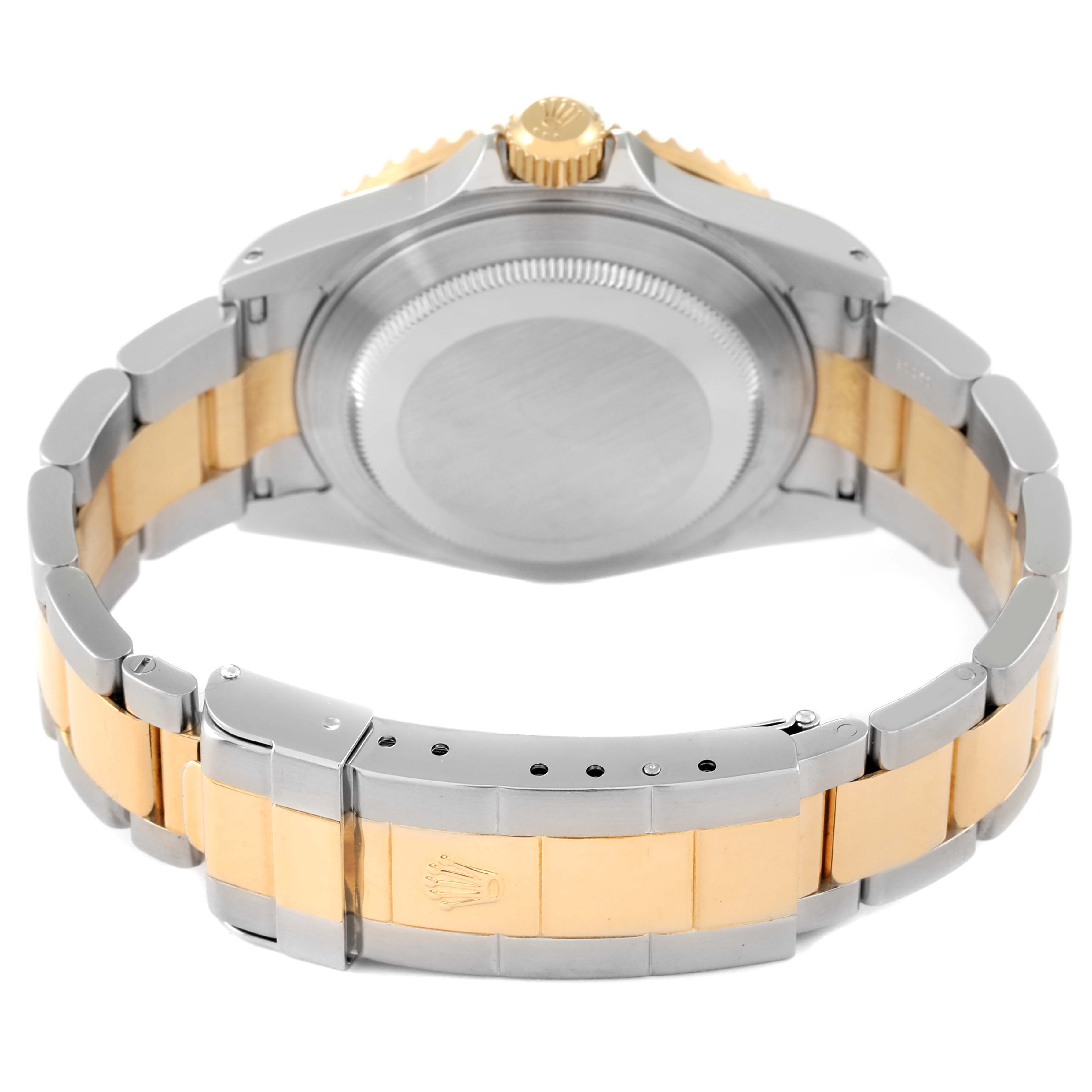 The image shows the back case and bracelet of the Rolex Submariner 16613 Men's Steel and Gold (two tone) Blue Dial 16613 Men's Steel and Gold (two tone) Blue Dial watch, highlighting its clasp and crown from a rear angle.