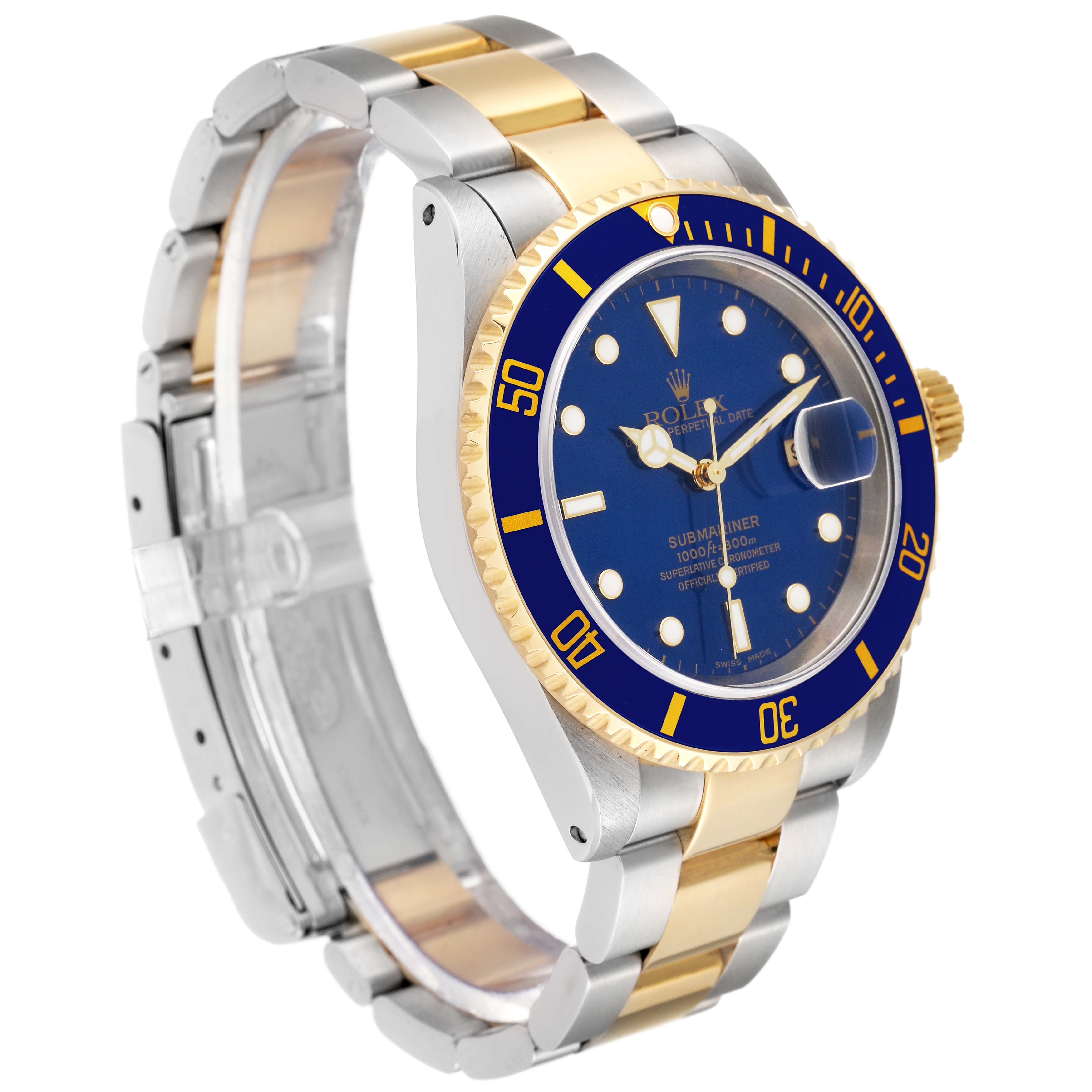 The Rolex Submariner 16613 Men's Steel and Gold (two tone) Blue Dial 16613 Men's Steel and Gold (two tone) Blue Dial watch is shown at a left-side angle, highlighting its blue dial, bezel, and two-tone metal bracelet.