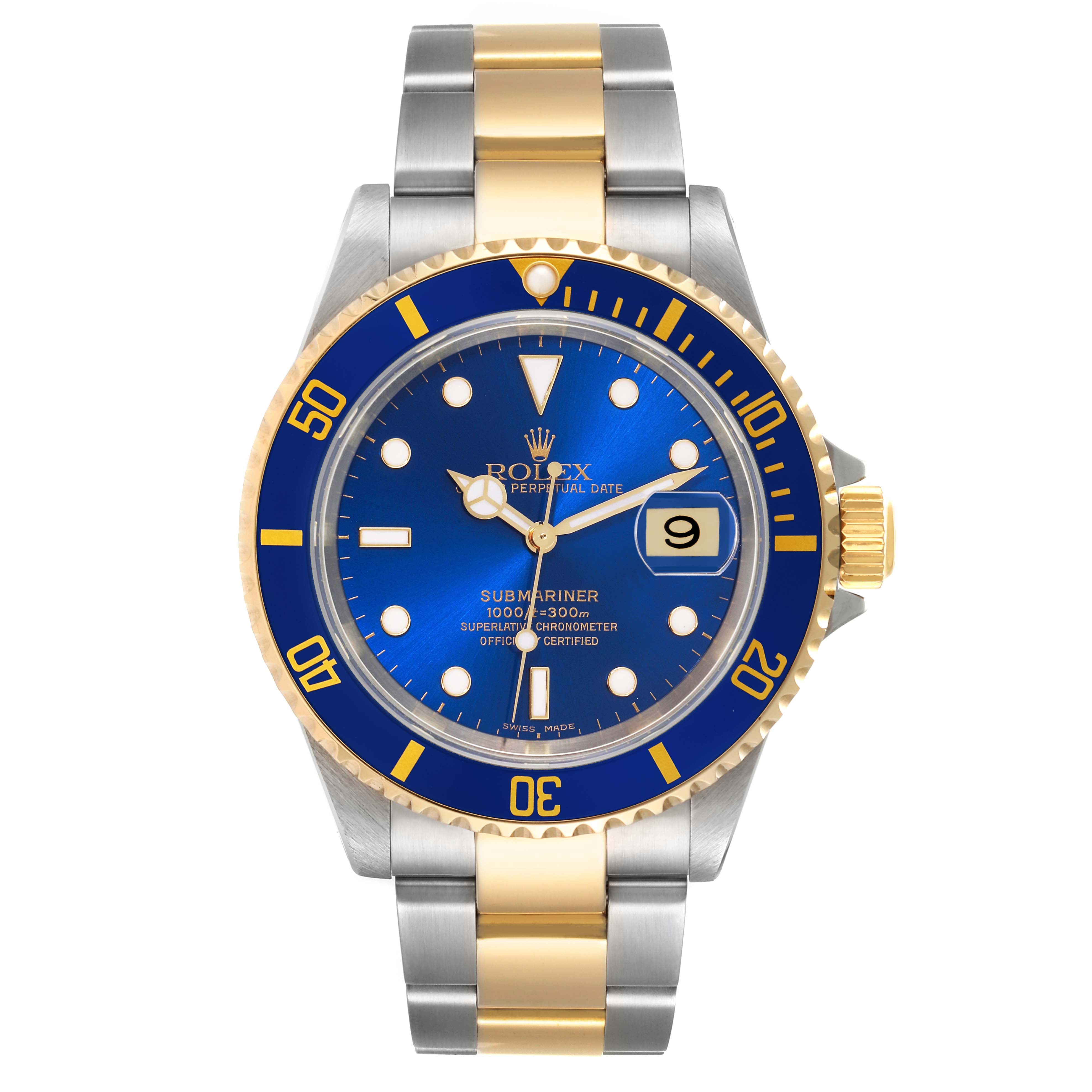 The image shows a front view of a Rolex Submariner 16613 Men's Steel and Gold (two tone) Blue Dial 16613 Men's Steel and Gold (two tone) Blue Dial watch, highlighting its blue dial, gold and silver bezel, and bracelet.