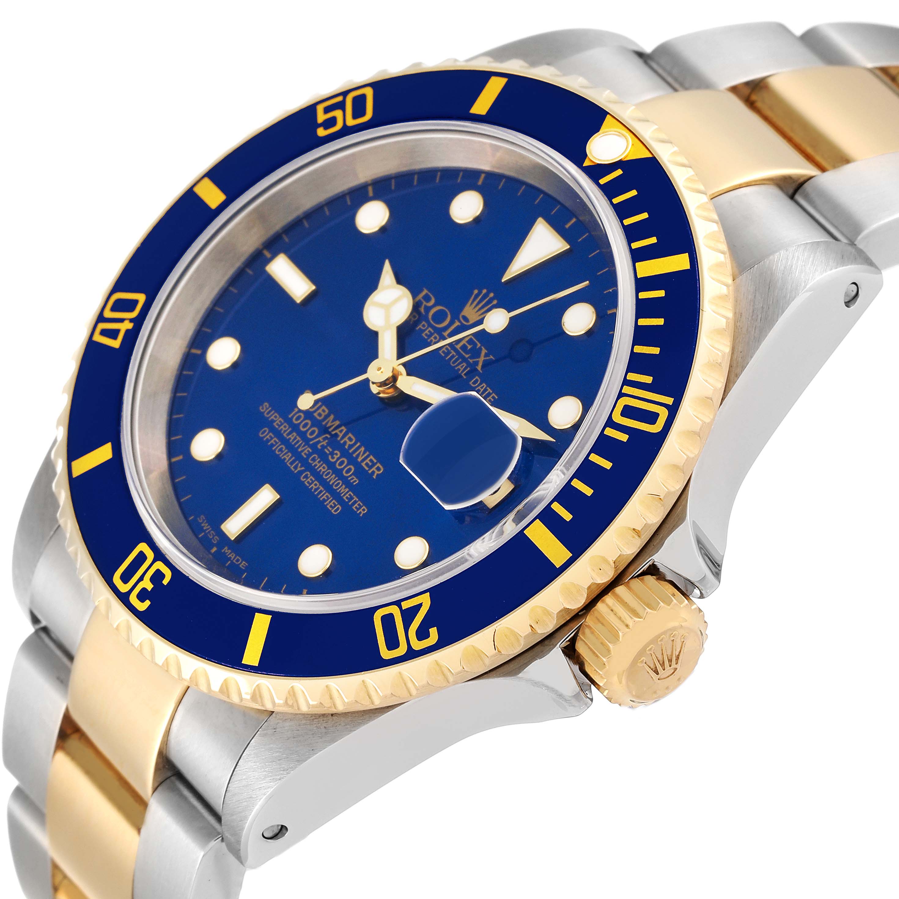 The image shows a close-up angle of a Rolex Submariner 16613 Men's Steel and Gold (two tone) Blue Dial 16613 Men's Steel and Gold (two tone) Blue Dial watch, featuring its blue dial, bezel, and two-tone metal bracelet.