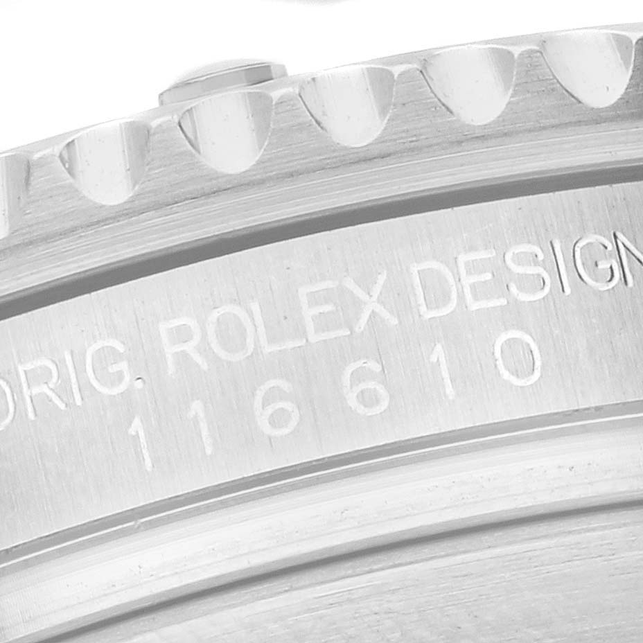 This close-up shows the case side and engraved reference number on a Rolex Submariner 116610 Men's Stainless Steel Black Dial 116610 Men's Stainless Steel Black Dial watch.