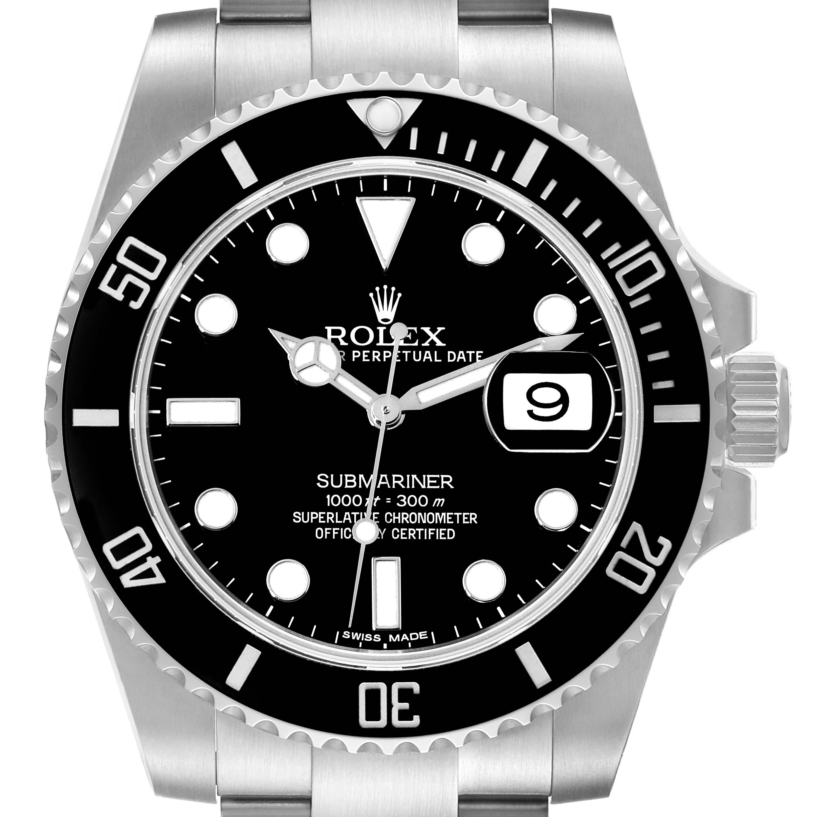 The image shows a front view of a Rolex Submariner 116610 Men's Stainless Steel Black Dial 116610 Men's Stainless Steel Black Dial watch, highlighting the dial, bezel, and bracelet.