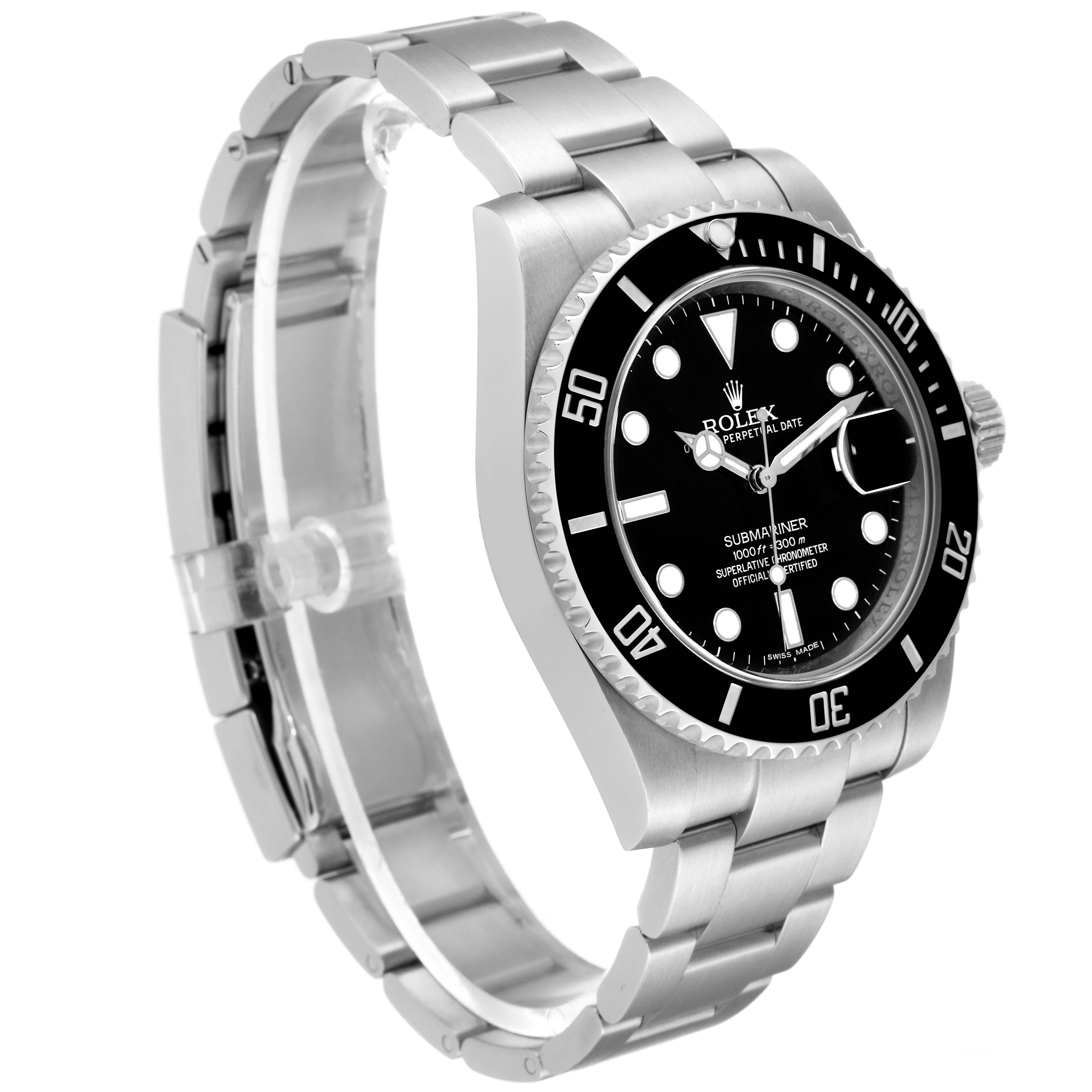 The image shows a side view of a Rolex Submariner 116610 Men's Stainless Steel Black Dial 116610 Men's Stainless Steel Black Dial watch, displaying its bezel, dial, and stainless steel bracelet.
