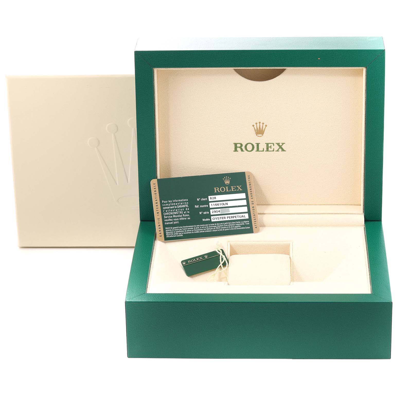 The image shows the packaging box of a Rolex Submariner 116610 Men's Stainless Steel Black Dial 116610 Men's Stainless Steel Black Dial watch, along with the warranty card and tag.
