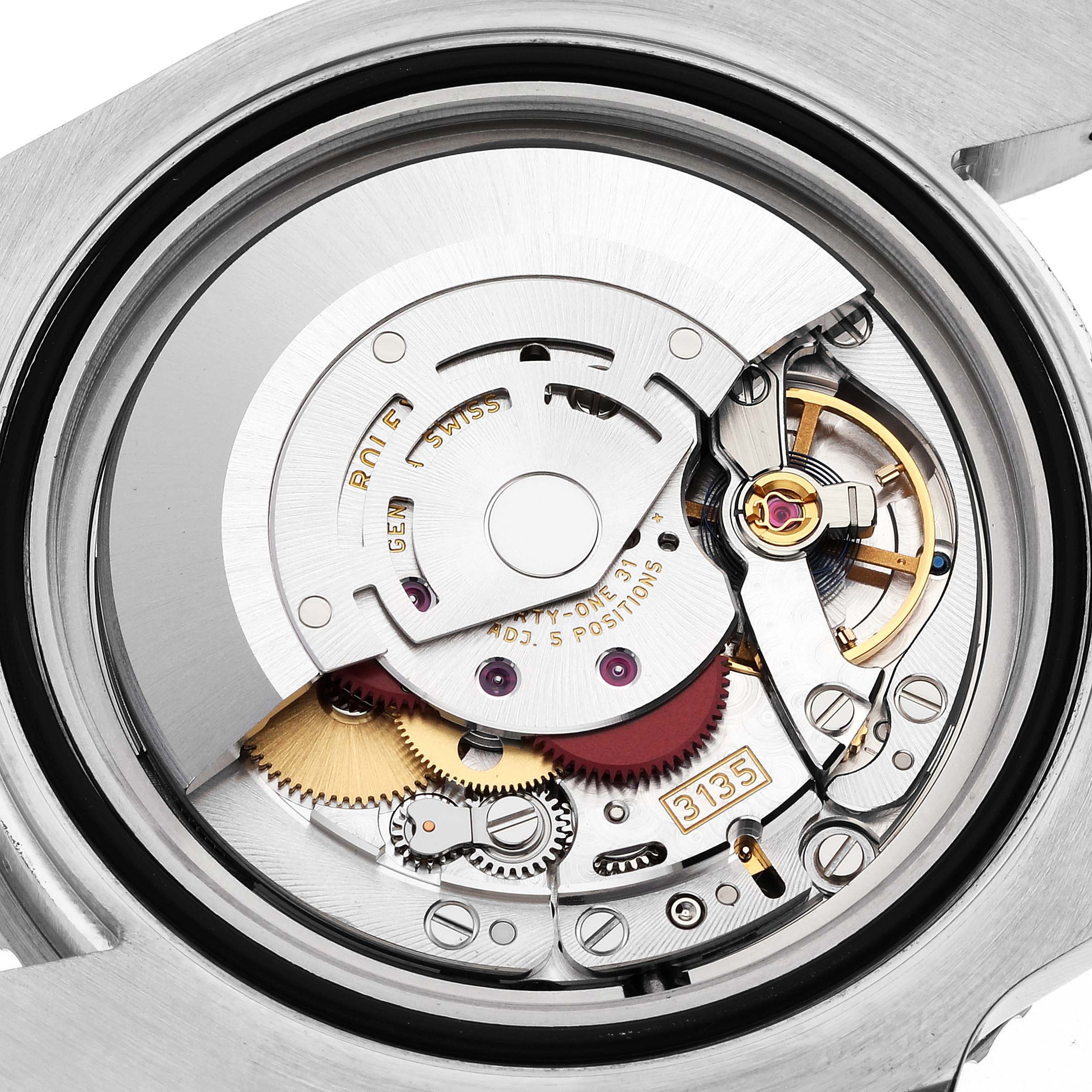 This image shows a close-up of the internal movement of a Rolex Submariner 116610 Men's Stainless Steel Black Dial 116610 Men's Stainless Steel Black Dial watch.