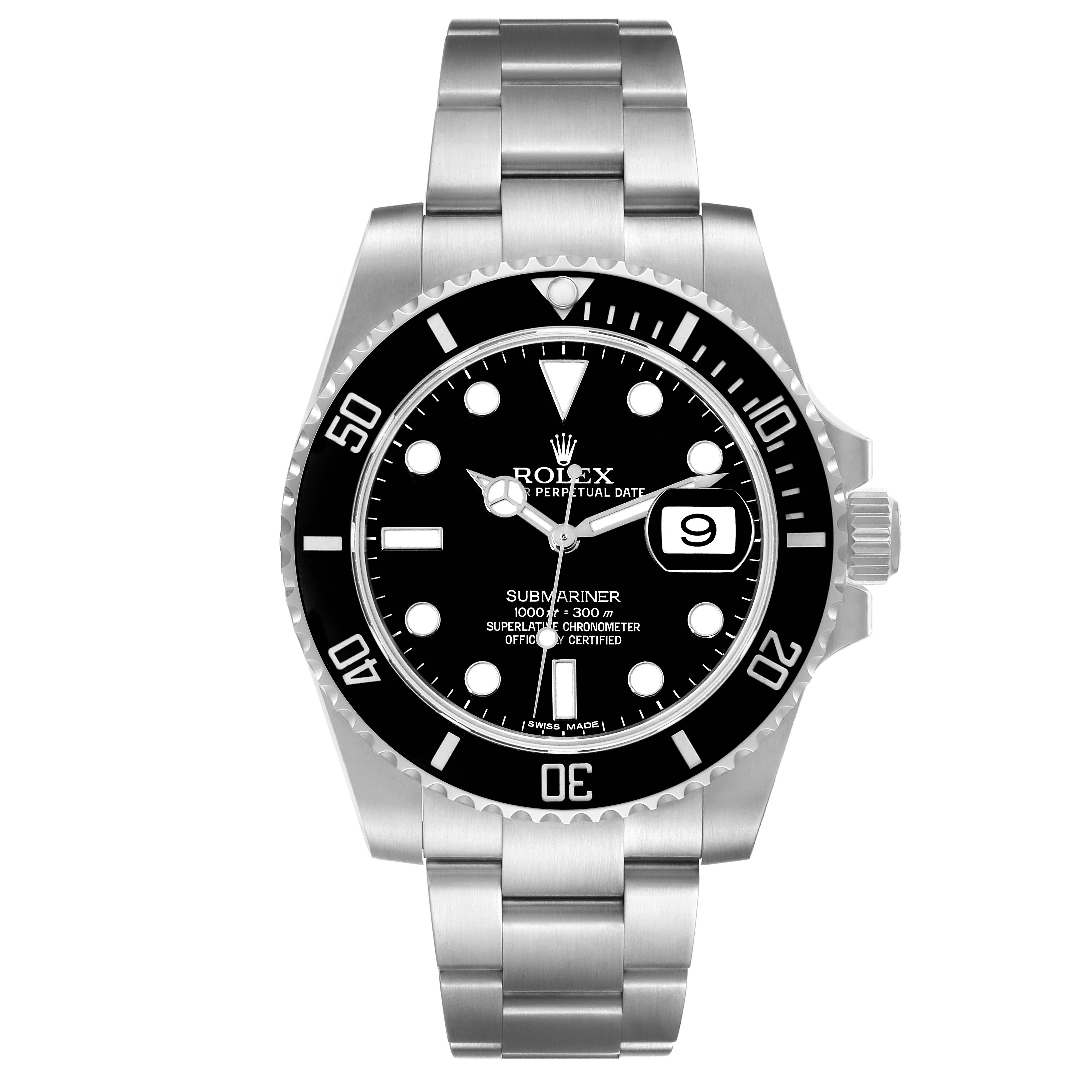 The image shows a front view of a Rolex Submariner 116610 Men's Stainless Steel Black Dial 116610 Men's Stainless Steel Black Dial, featuring its bezel, dial, hour markers, hands, and bracelet.