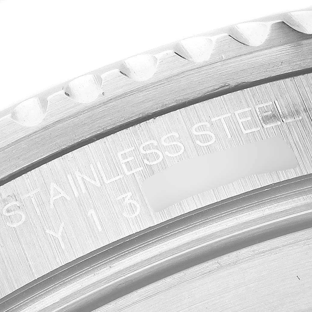 The image shows a close-up angle of the bezel and engraved details of a Rolex Submariner 16610 Men
s Stainless Steel Black Dial 16610 Men
s Stainless Steel Black Dial watch.