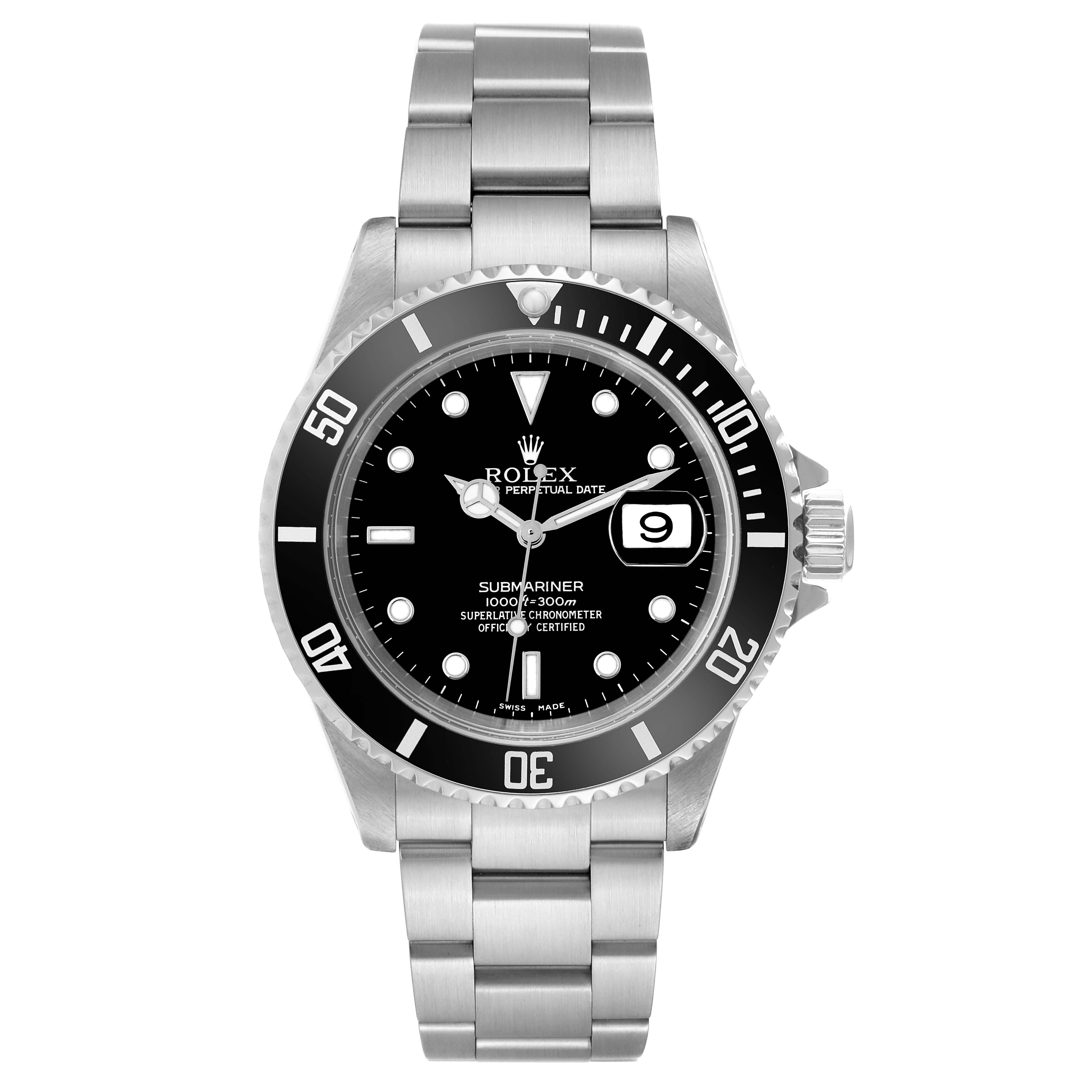 This Rolex Submariner 16610 Men
s Stainless Steel Black Dial 16610 Men
s Stainless Steel Black Dial watch is shown from a top-down angle, displaying its bracelet, bezel, and dial with date window.