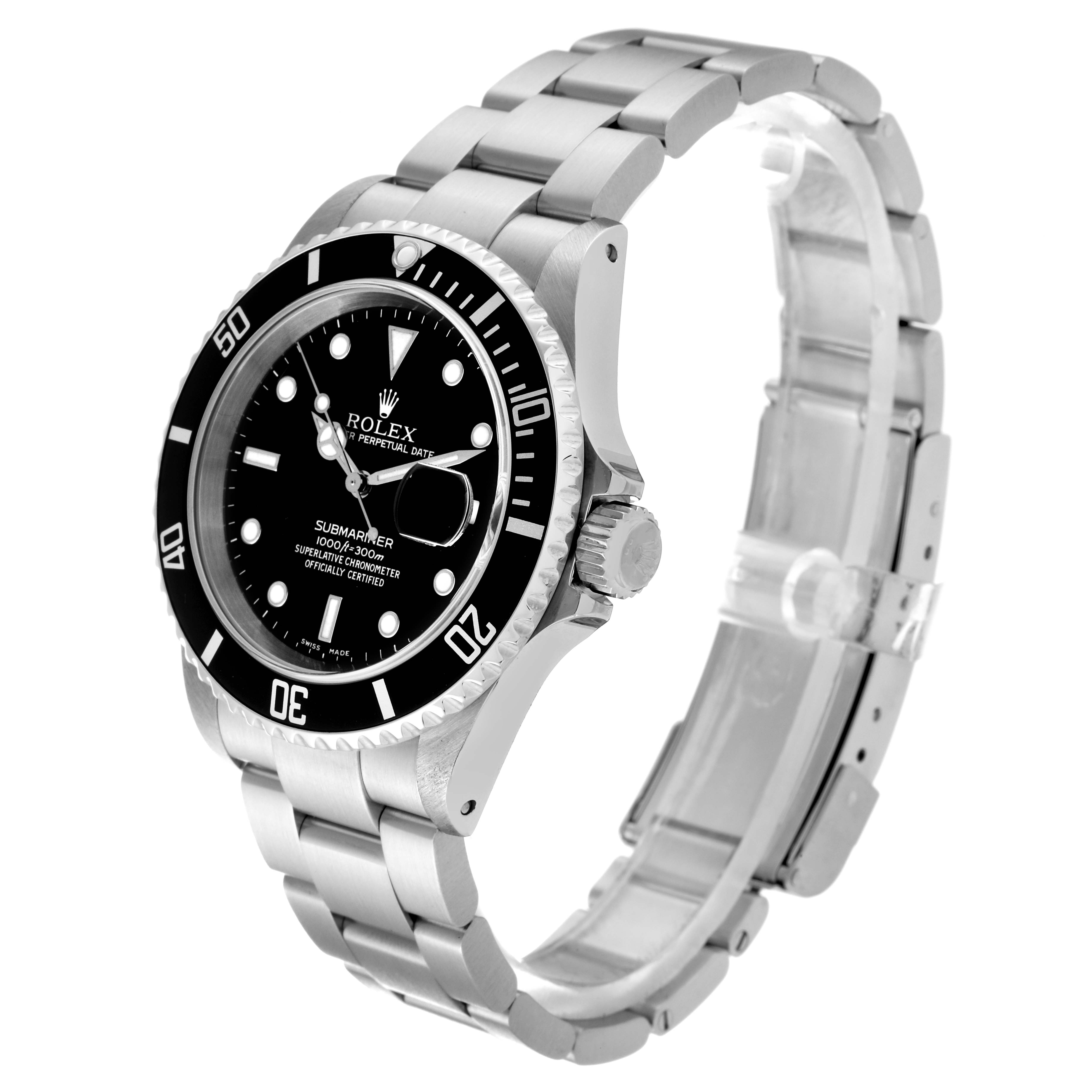 The Rolex Submariner 16610 Men
s Stainless Steel Black Dial 16610 Men
s Stainless Steel Black Dial watch is shown at an angled side view, displaying the face, bezel, crown, and bracelet.