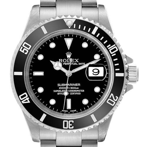 The image shows a front view of a Rolex Submariner watch displaying the dial, bezel, crown, and part of the bracelet.