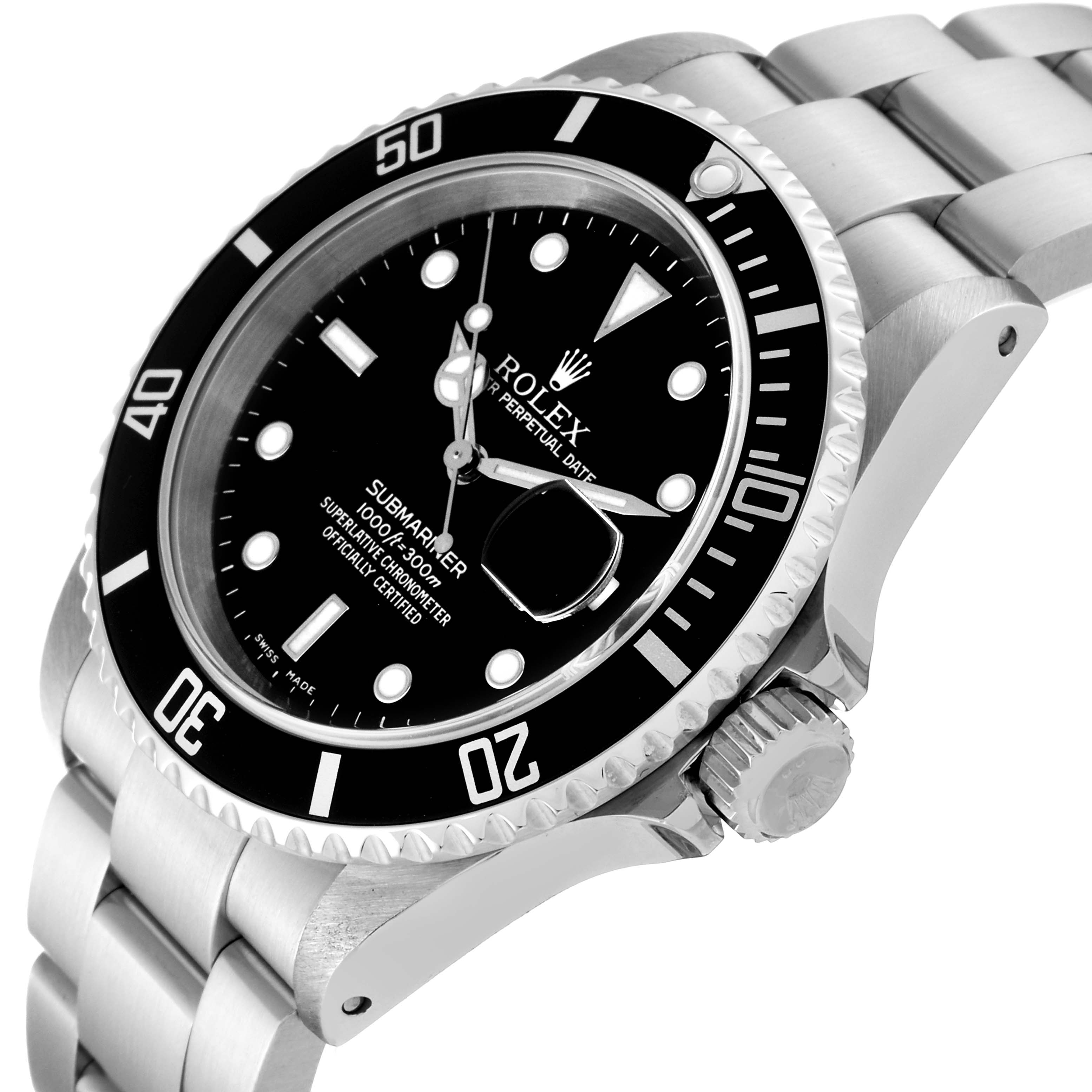 This image shows a Rolex Submariner 16610 Men
s Stainless Steel Black Dial 16610 Men
s Stainless Steel Black Dial watch from an angle highlighting the dial, bezel, bracelet, and crown.