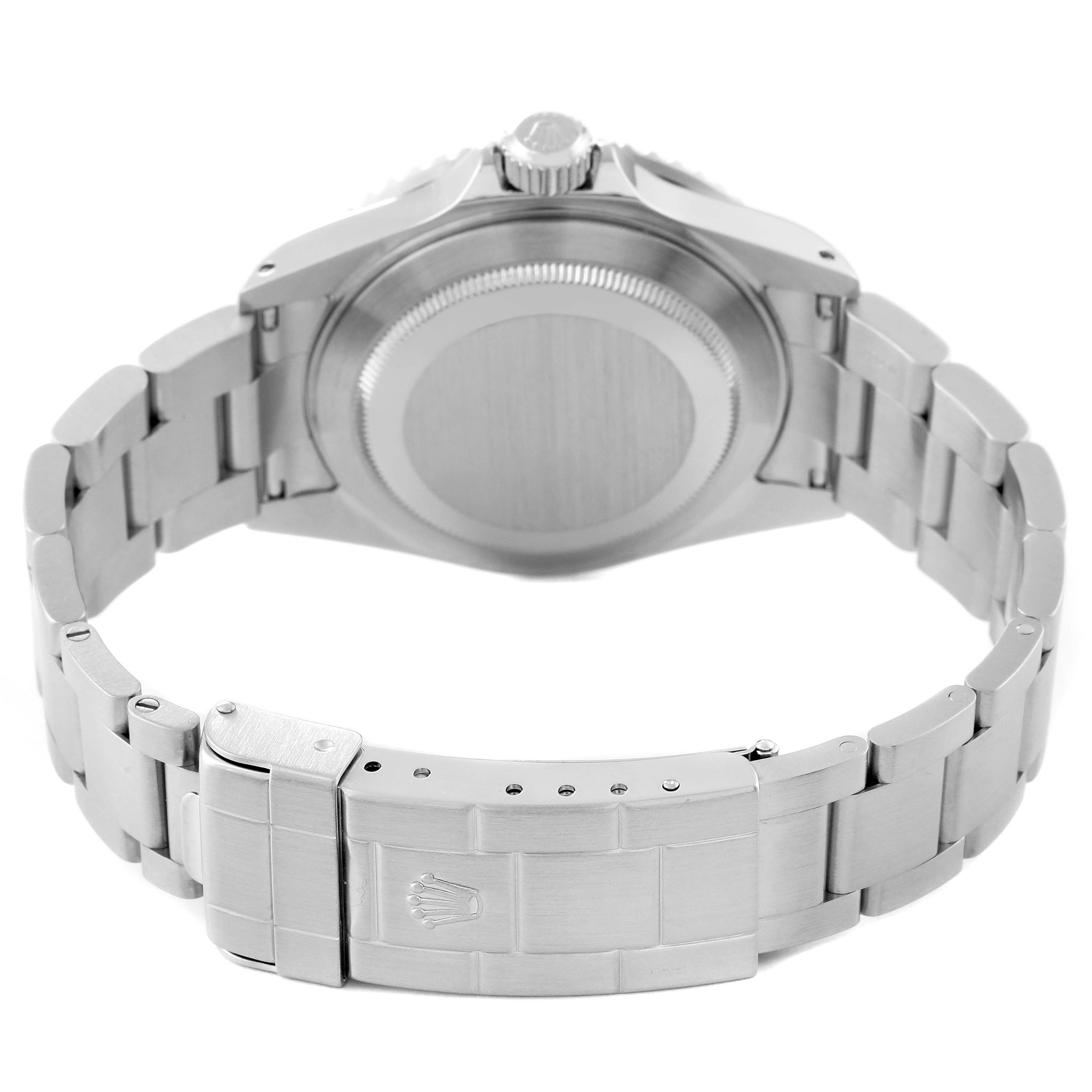 The image shows the back view of a Rolex Submariner 16610 Men
s Stainless Steel Black Dial 16610 Men
s Stainless Steel Black Dial watch, highlighting the clasp and bracelet links.