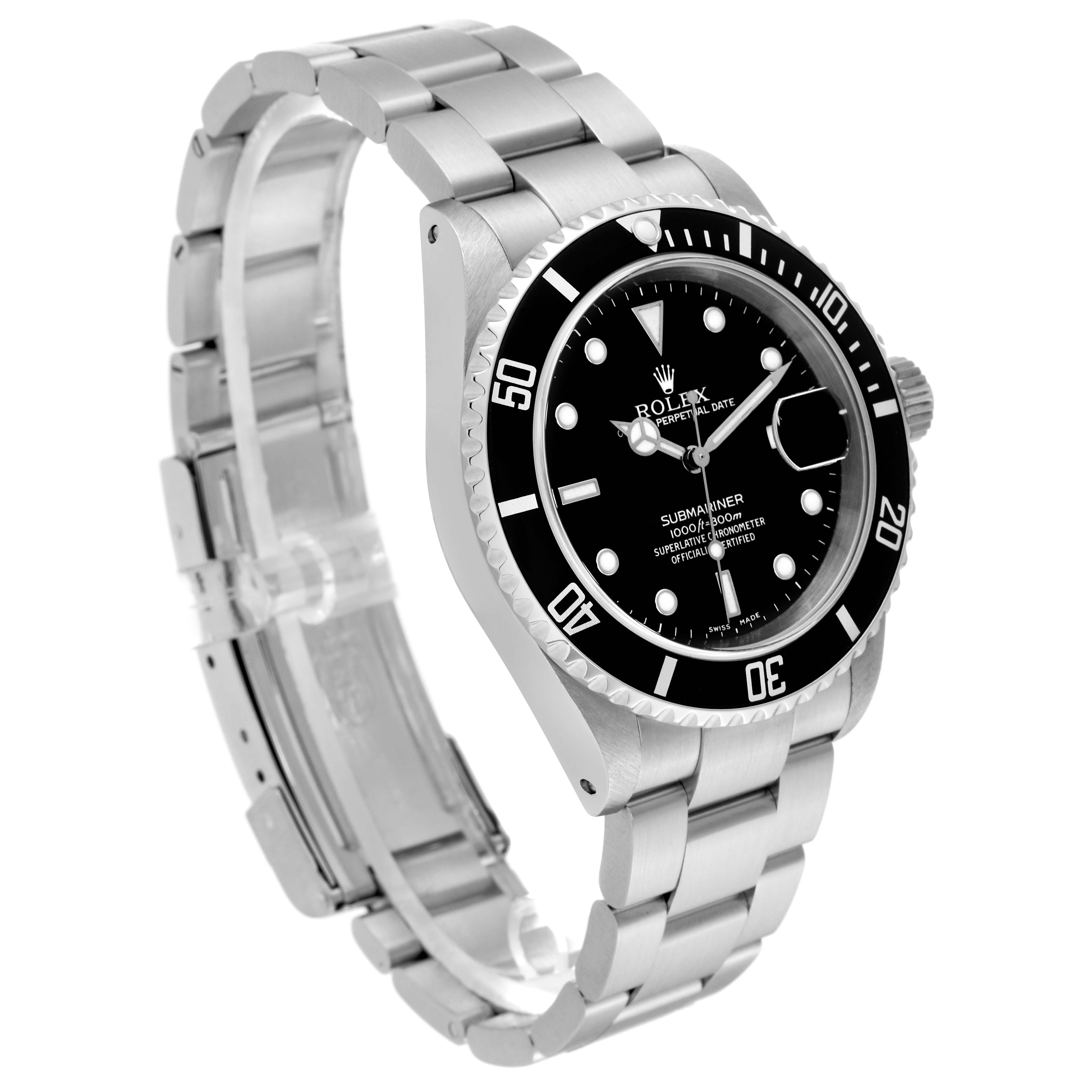 The Rolex Submariner 16610 Men
s Stainless Steel Black Dial 16610 Men
s Stainless Steel Black Dial watch is shown at a three-quarter angle, displaying the dial, bezel, and bracelet.