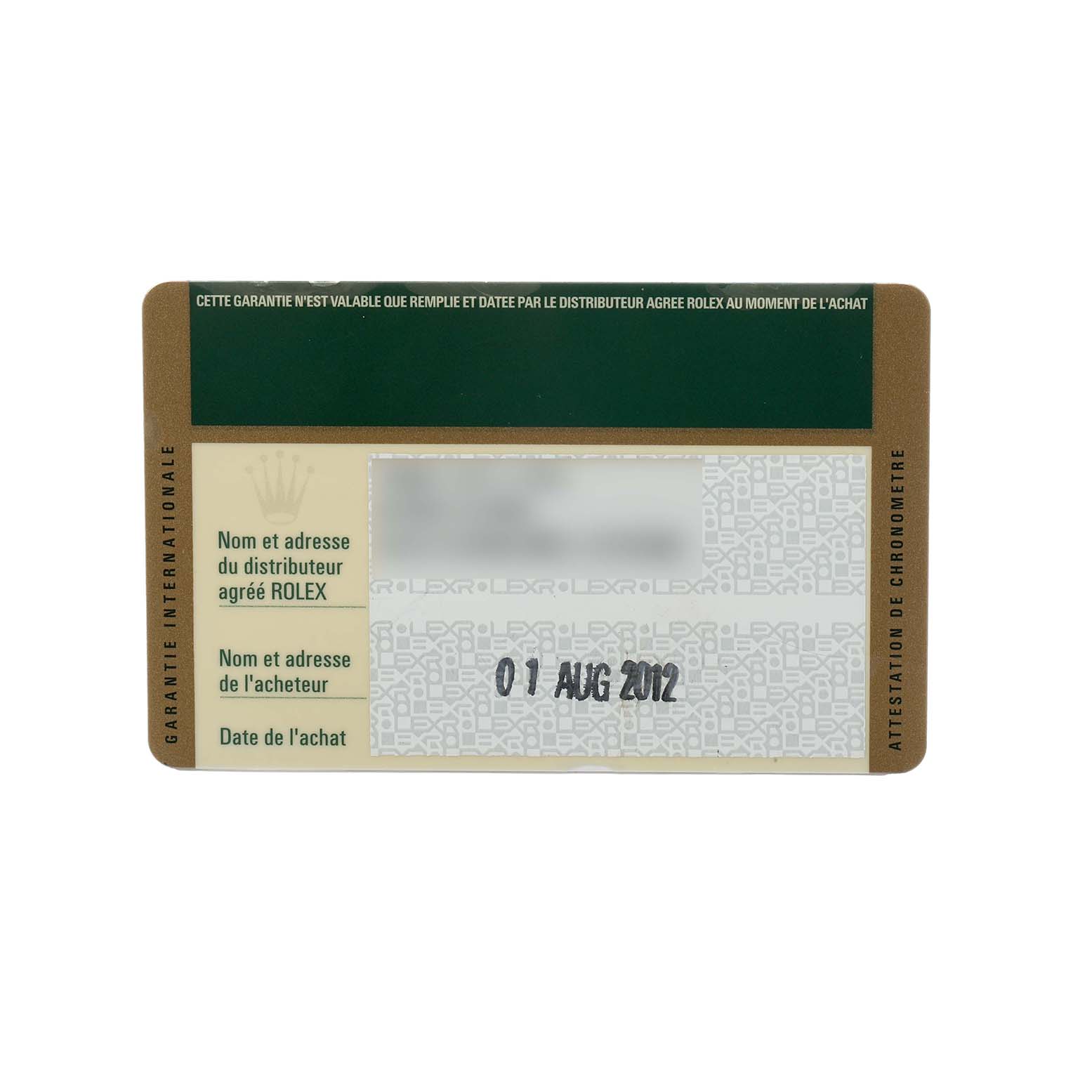 The image shows a Rolex Submariner 116610 Men's Stainless Steel Black Dial warranty card, displaying information fields and a date.