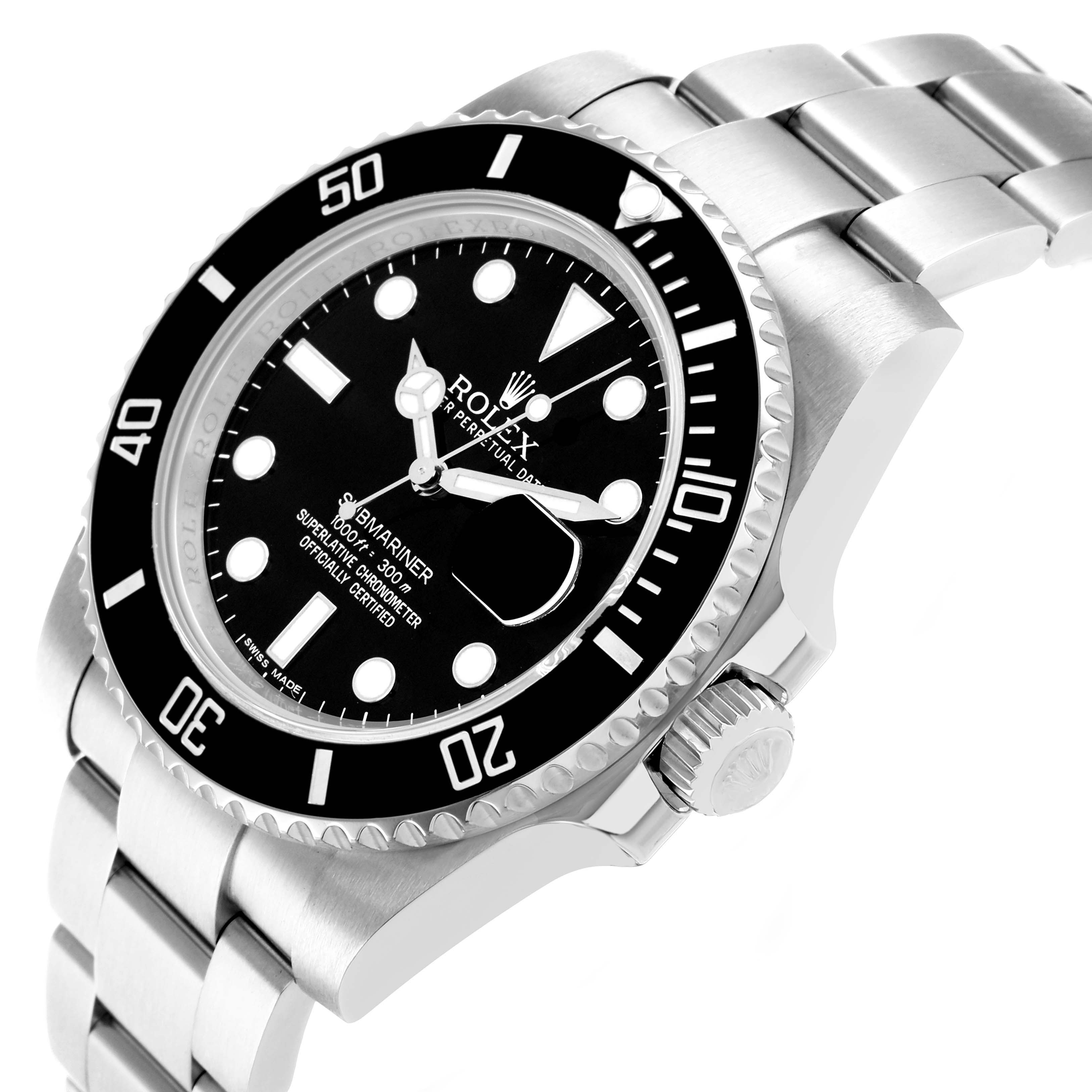 The image shows a Rolex Submariner 116610 Men's Stainless Steel Black Dial from an angled side view, highlighting the bezel, dial, crown, and bracelet.