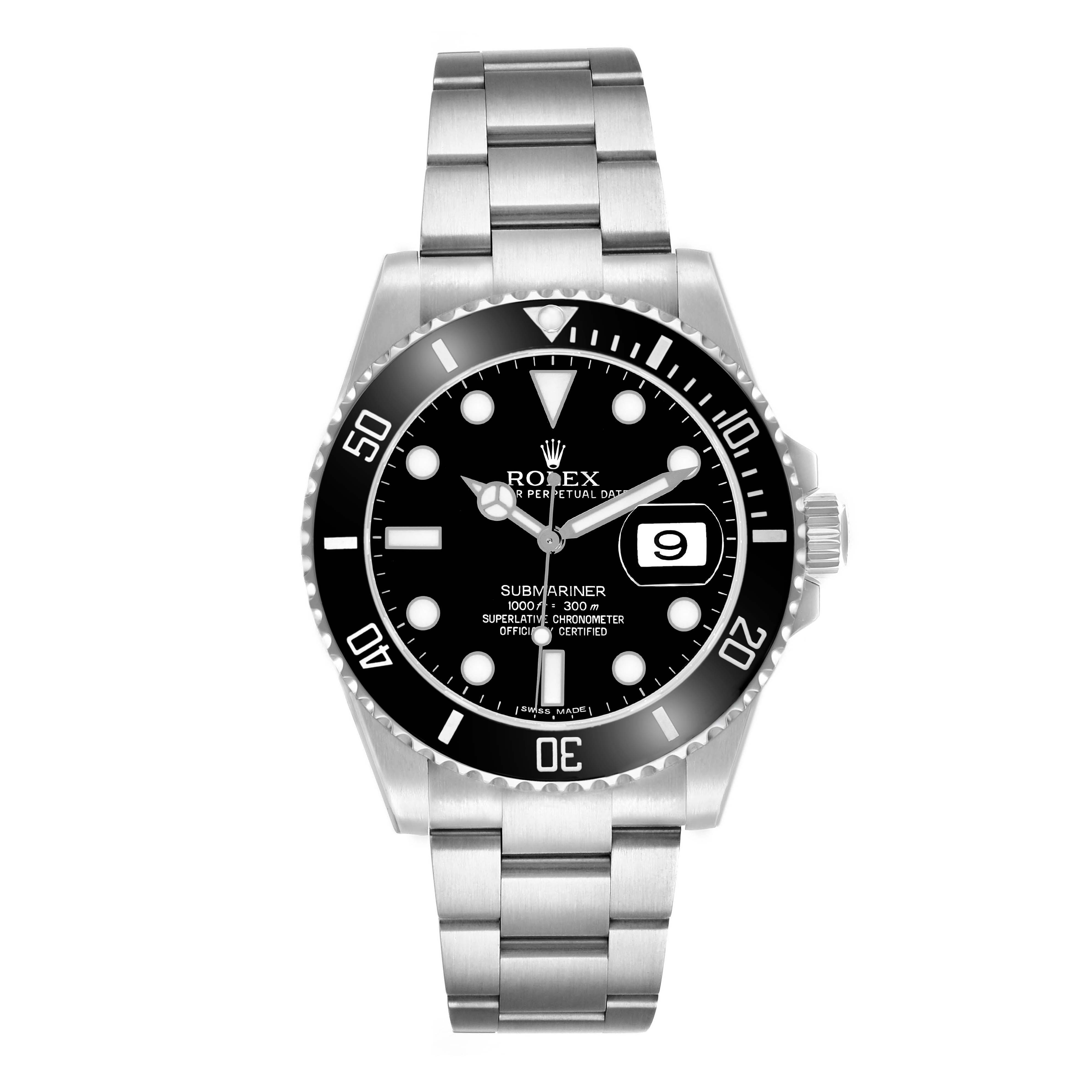 The Rolex Submariner 116610 Men's Stainless Steel Black Dial watch is shown from a top-down angle, highlighting the dial, bezel, bracelet, and crown.
