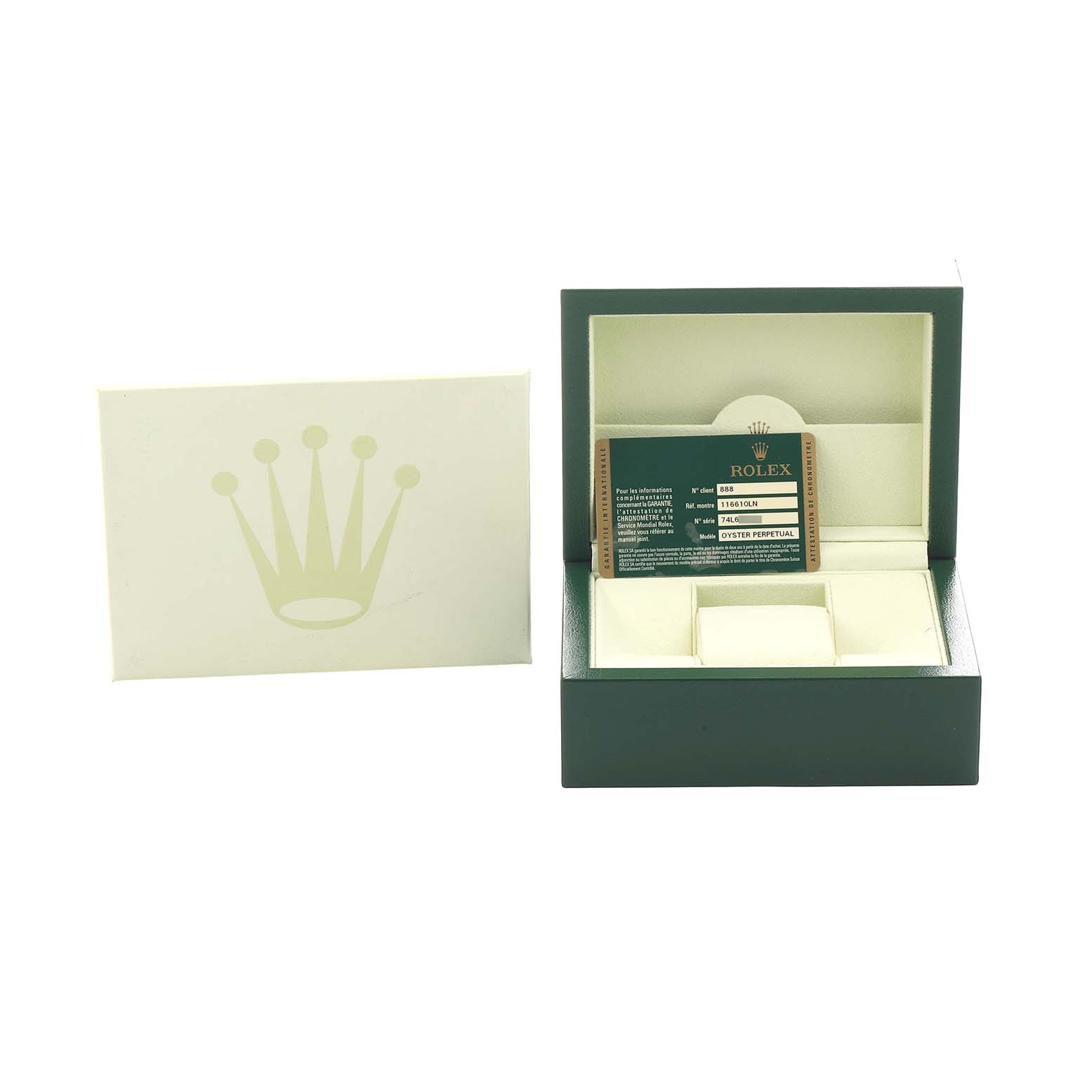 The image shows a Rolex Submariner 116610 Men's Stainless Steel Black Dial watch box and card from a front angle, with the box open and the card visible inside.