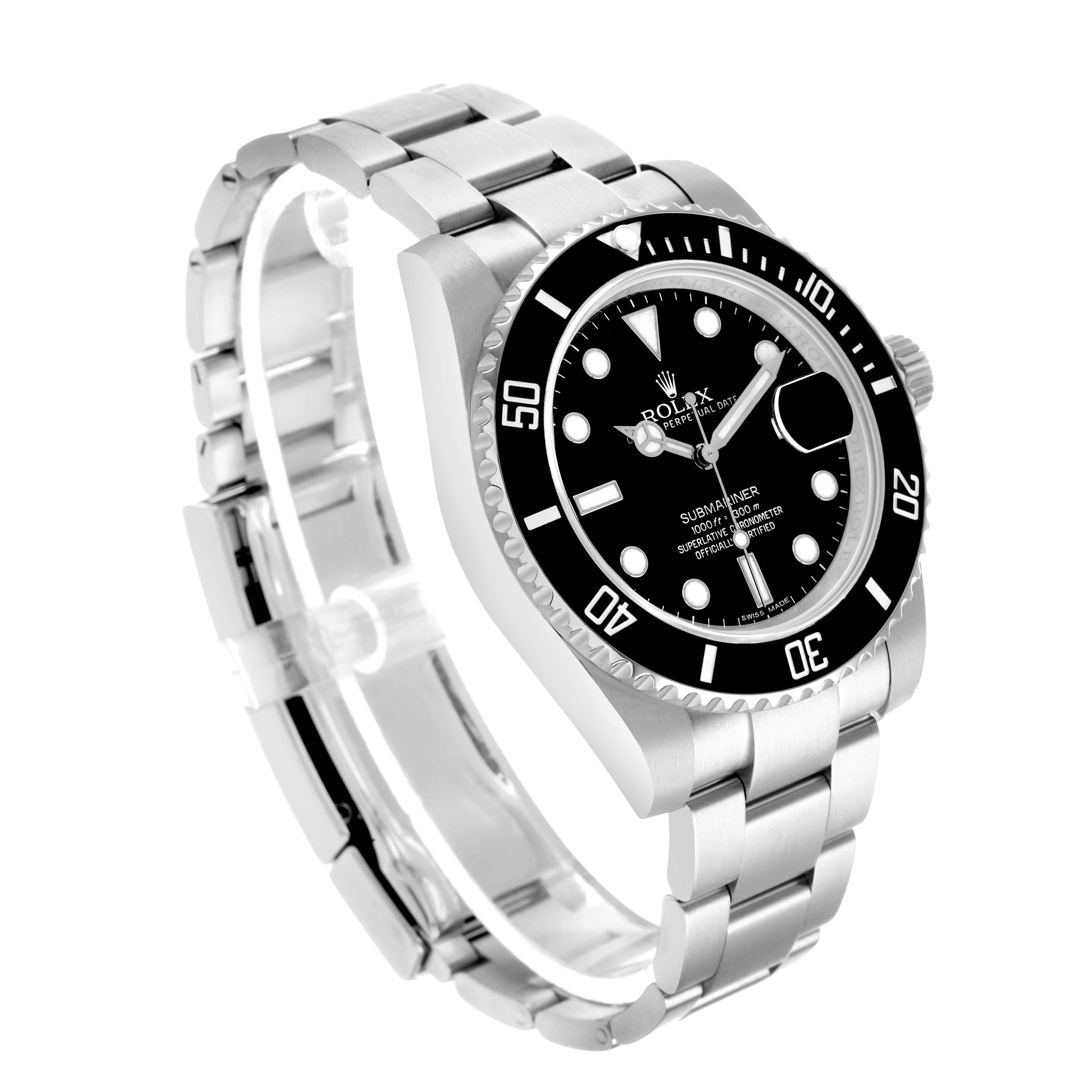 The Rolex Submariner 116610 Men's Stainless Steel Black Dial watch is shown at a three-quarter angle, displaying the dial, bezel, bracelet, and crown.