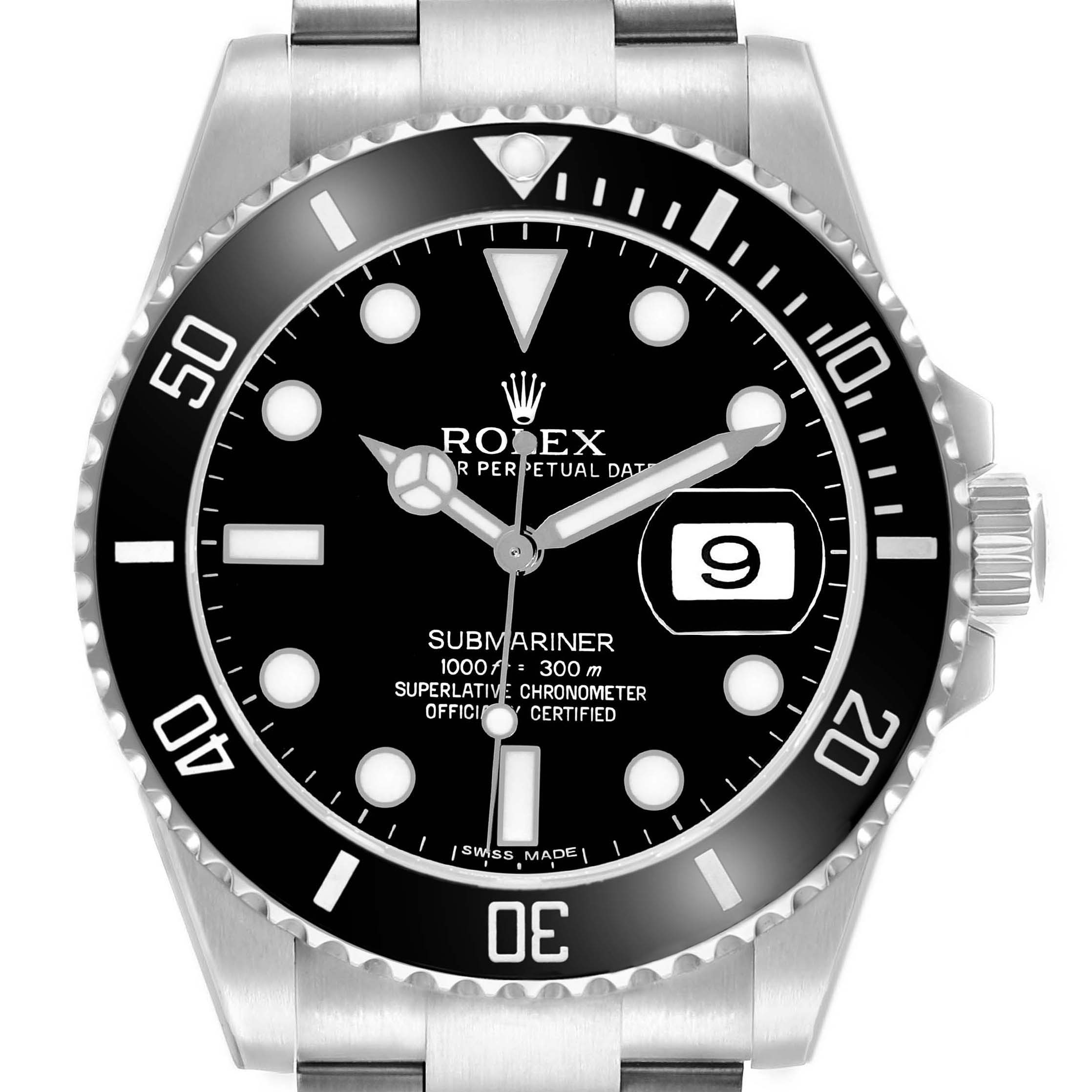 This image shows a front view of the Rolex Submariner 116610 Men's Stainless Steel Black Dial watch, highlighting the dial, bezel, and crown.