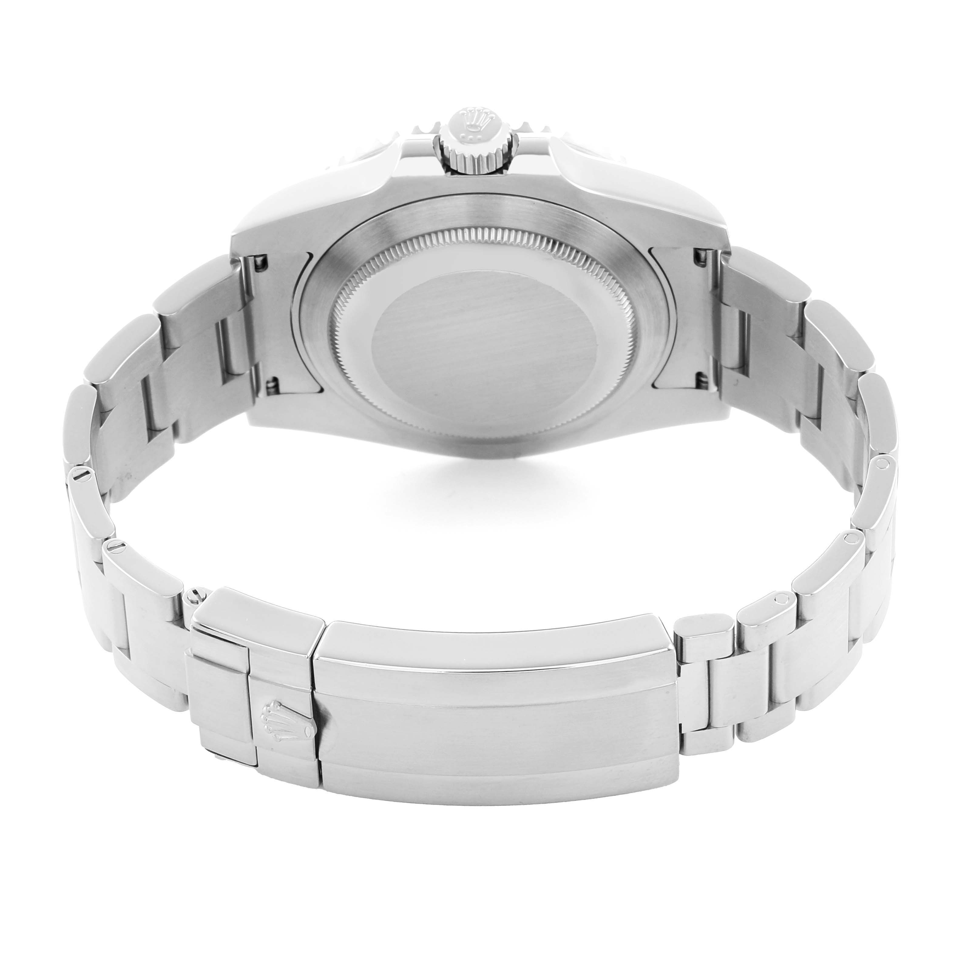 The image shows the back view of a Rolex Submariner 116610 Men's Stainless Steel Black Dial watch, highlighting the case back, bracelet, and clasp.