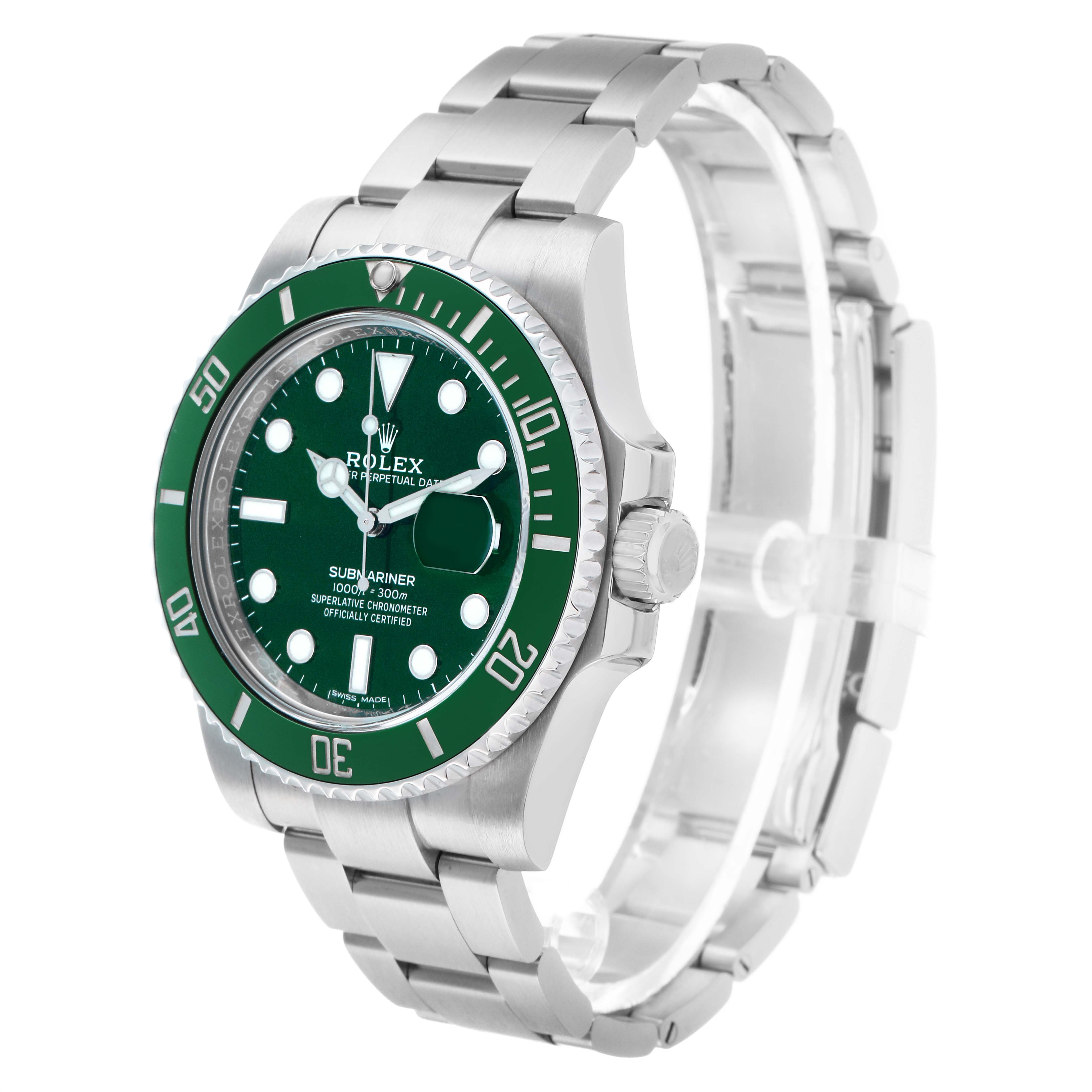 The Rolex Submariner 116610 Men's Stainless Steel Green Dial watch is shown at an angled side view, highlighting the green bezel, dial, and stainless steel bracelet.