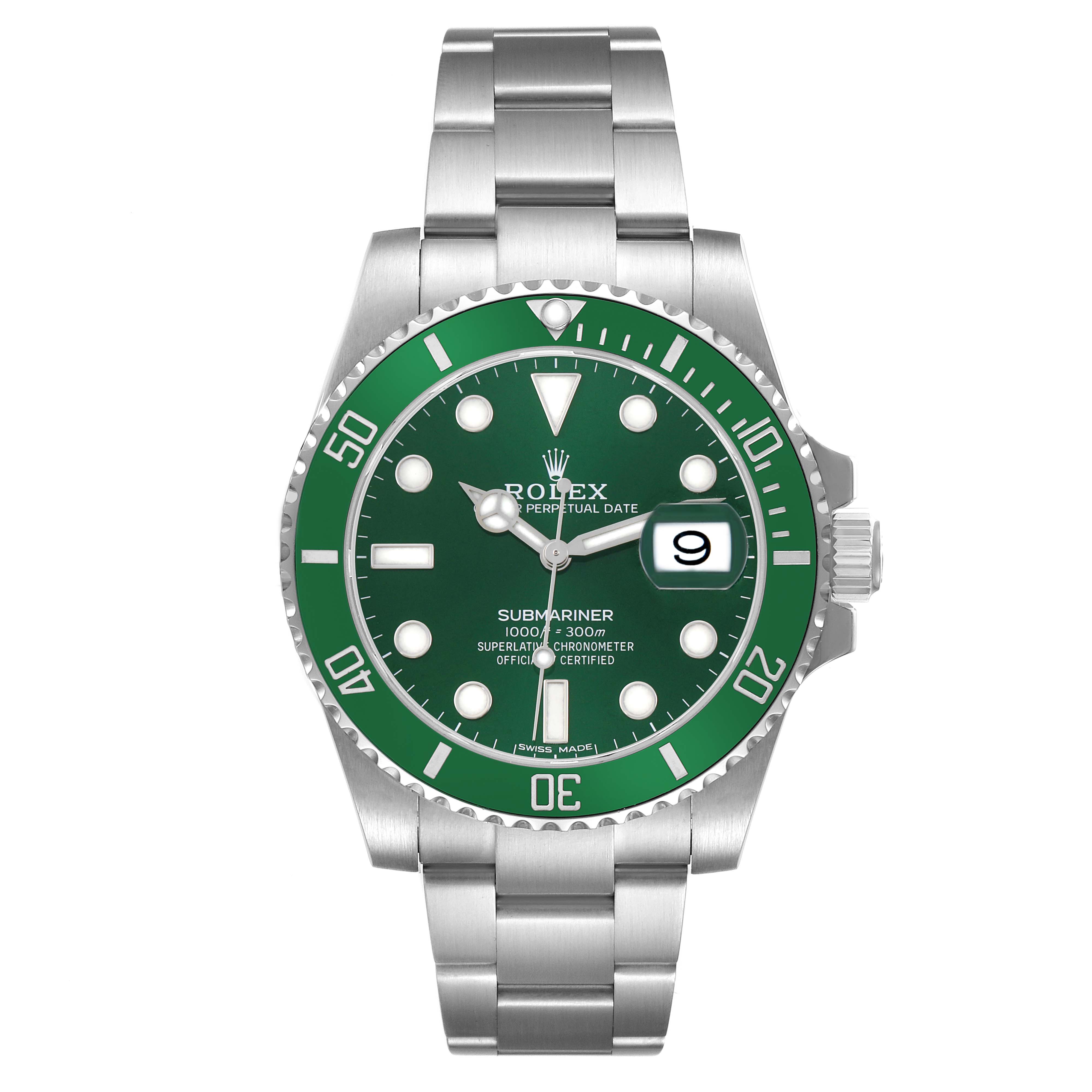The Rolex Submariner 116610 Men's Stainless Steel Green Dial watch is shown from a front angle, displaying the green dial, bezel, and silver bracelet.