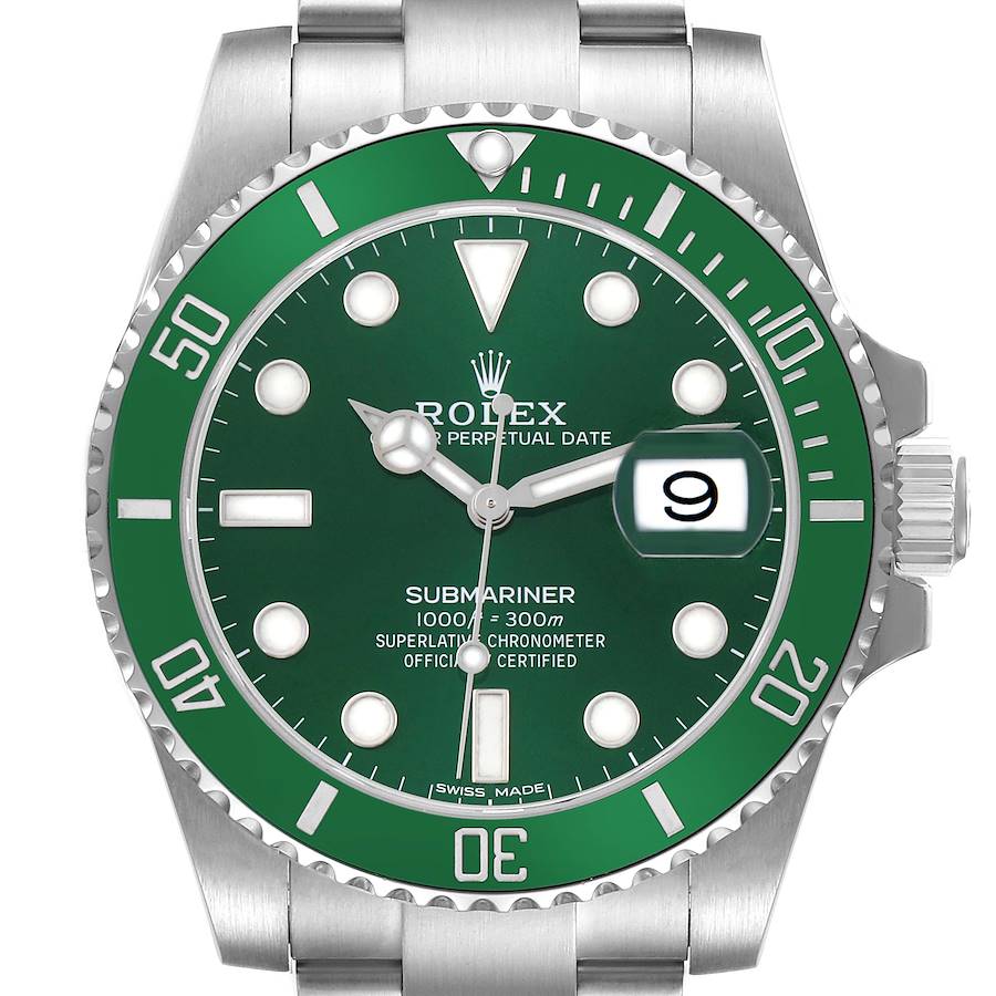 The image shows a front view of a Rolex Submariner 116610 Men's Stainless Steel Green Dial, highlighting the green bezel, dial, and cyclops lens over the date.