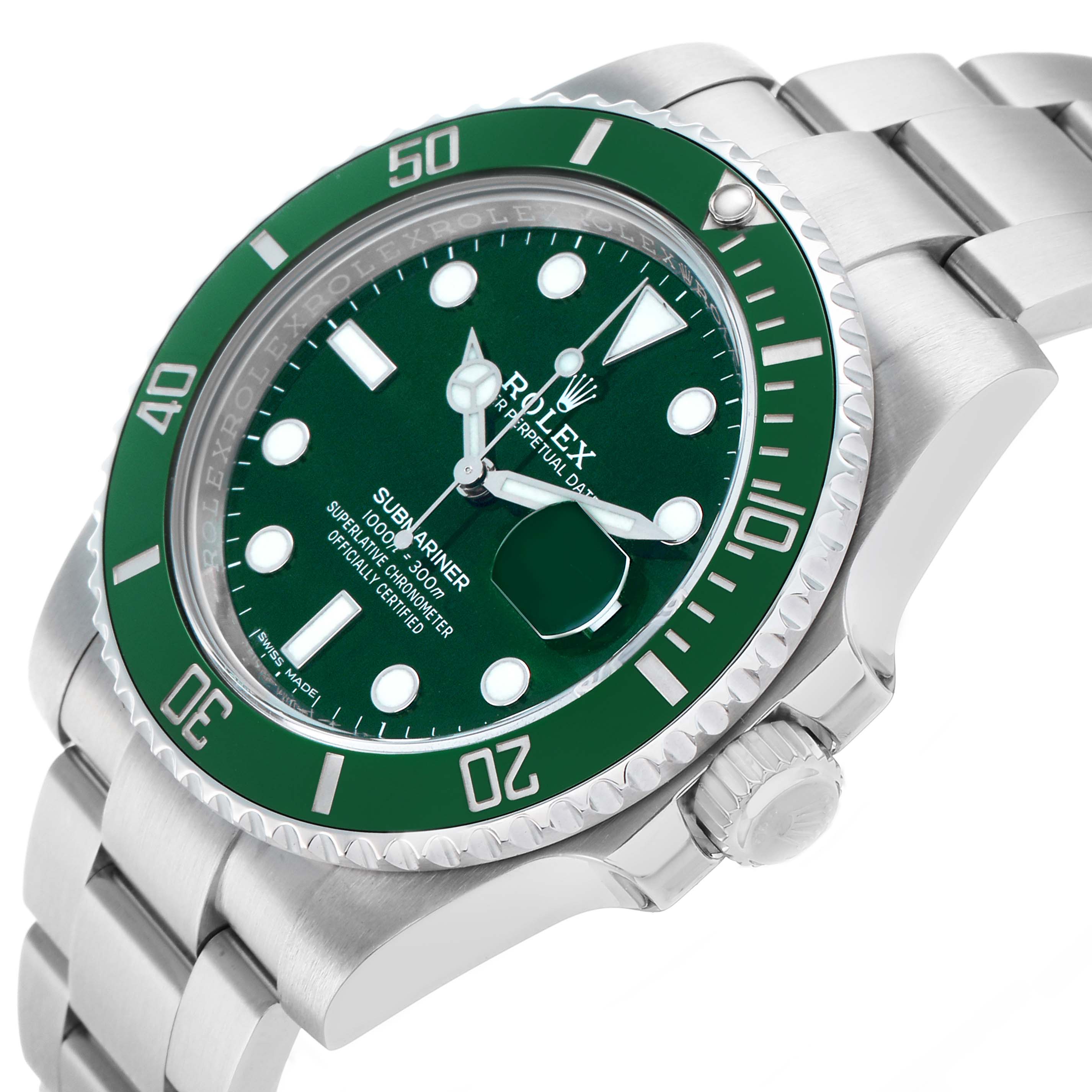The Rolex Submariner 116610 Men's Stainless Steel Green Dial watch is shown at a tilted angle, highlighting the green bezel, dial, cyclops lens, crown, and bracelet.