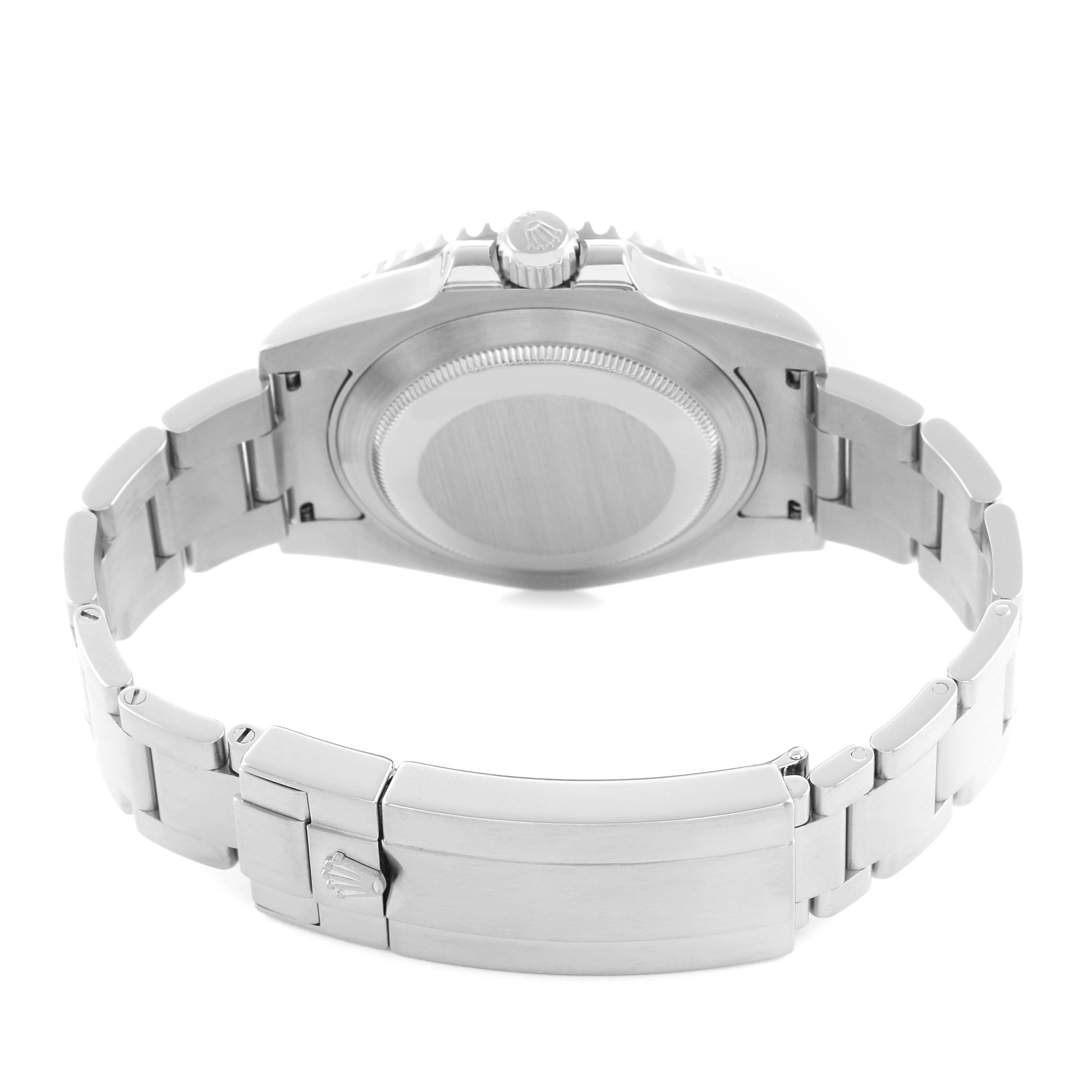 The image shows the back view of a Rolex Submariner 116610 Men's Stainless Steel Green Dial, highlighting the case back, crown, and bracelet.