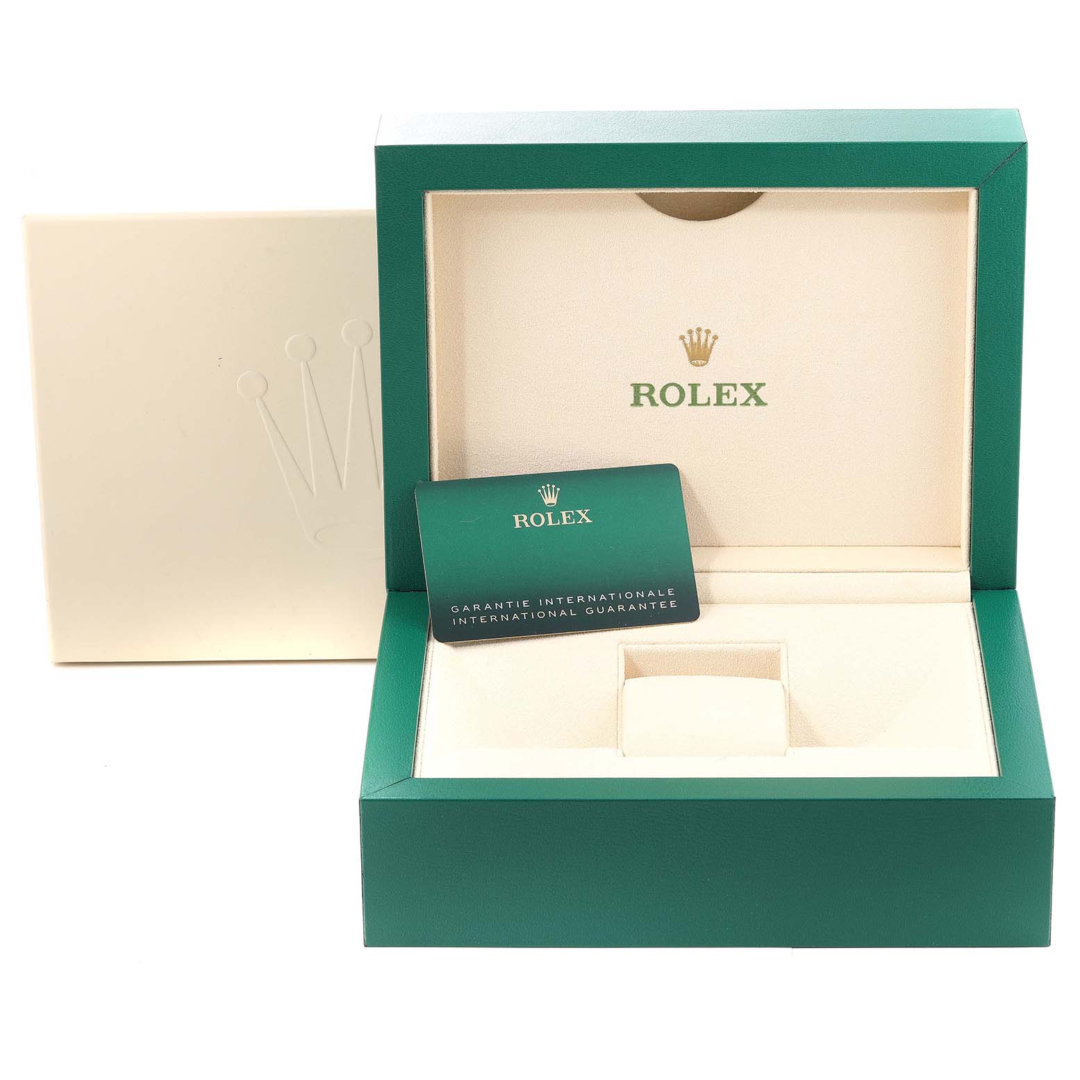This is a straight-on view showing the open box and guarantee card for a Rolex Submariner 124060 Men's Stainless Steel Black Dial 124060 Men's Stainless Steel Black Dial.