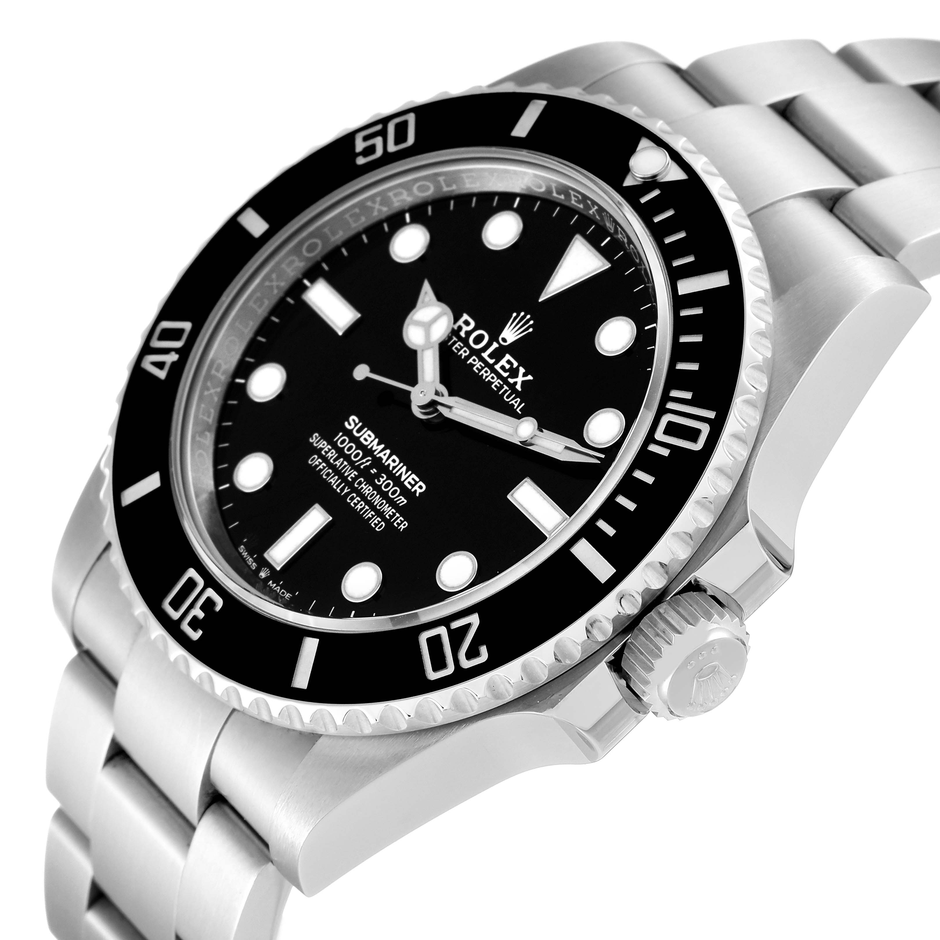 The Rolex Submariner 124060 Men's Stainless Steel Black Dial 124060 Men's Stainless Steel Black Dial watch is shown at a slight angle highlighting the dial, bezel, crown, and part of the bracelet.