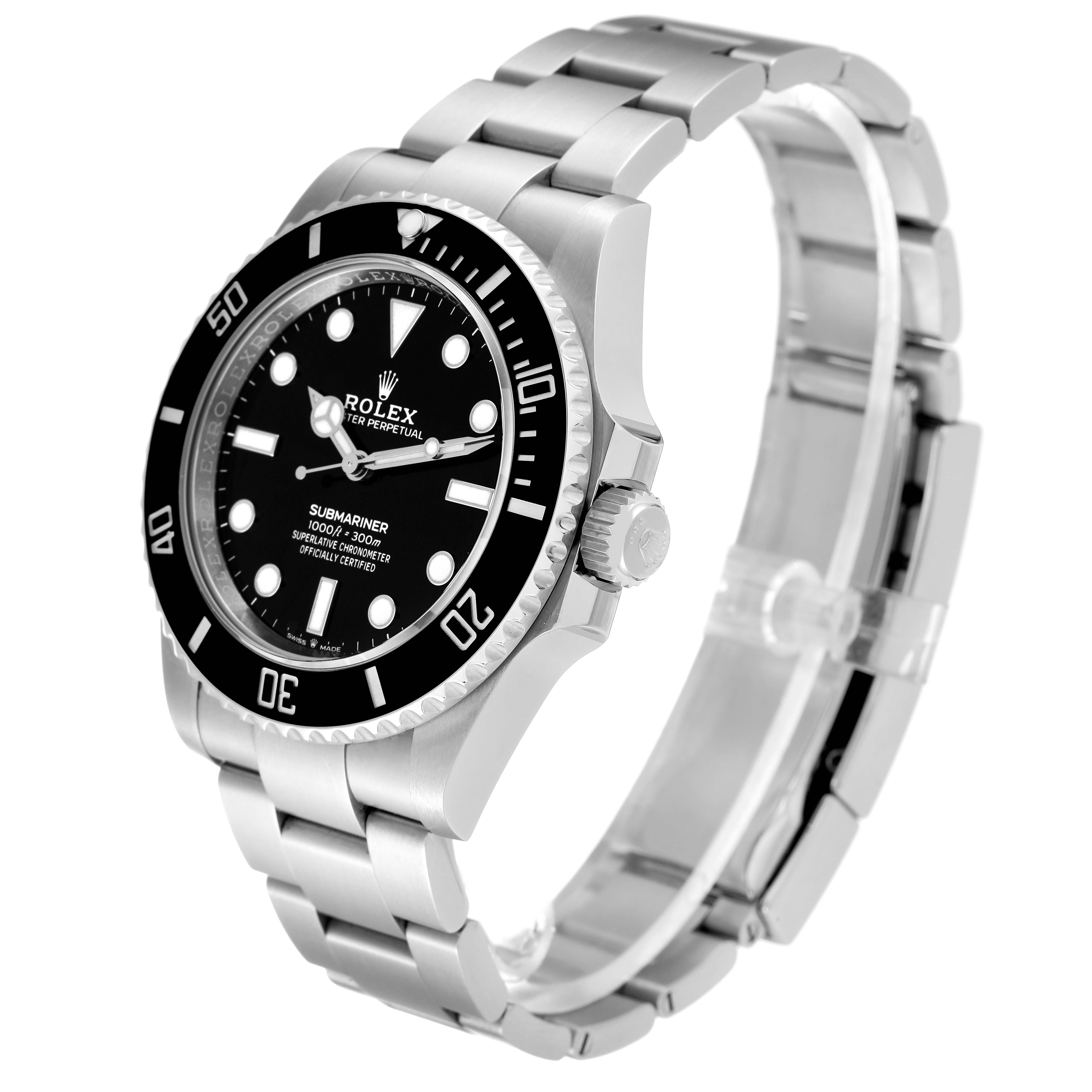 This image shows a Rolex Submariner 124060 Men's Stainless Steel Black Dial 124060 Men's Stainless Steel Black Dial model watch at an angled side view, clearly displaying the bracelet, case, crown, and face.