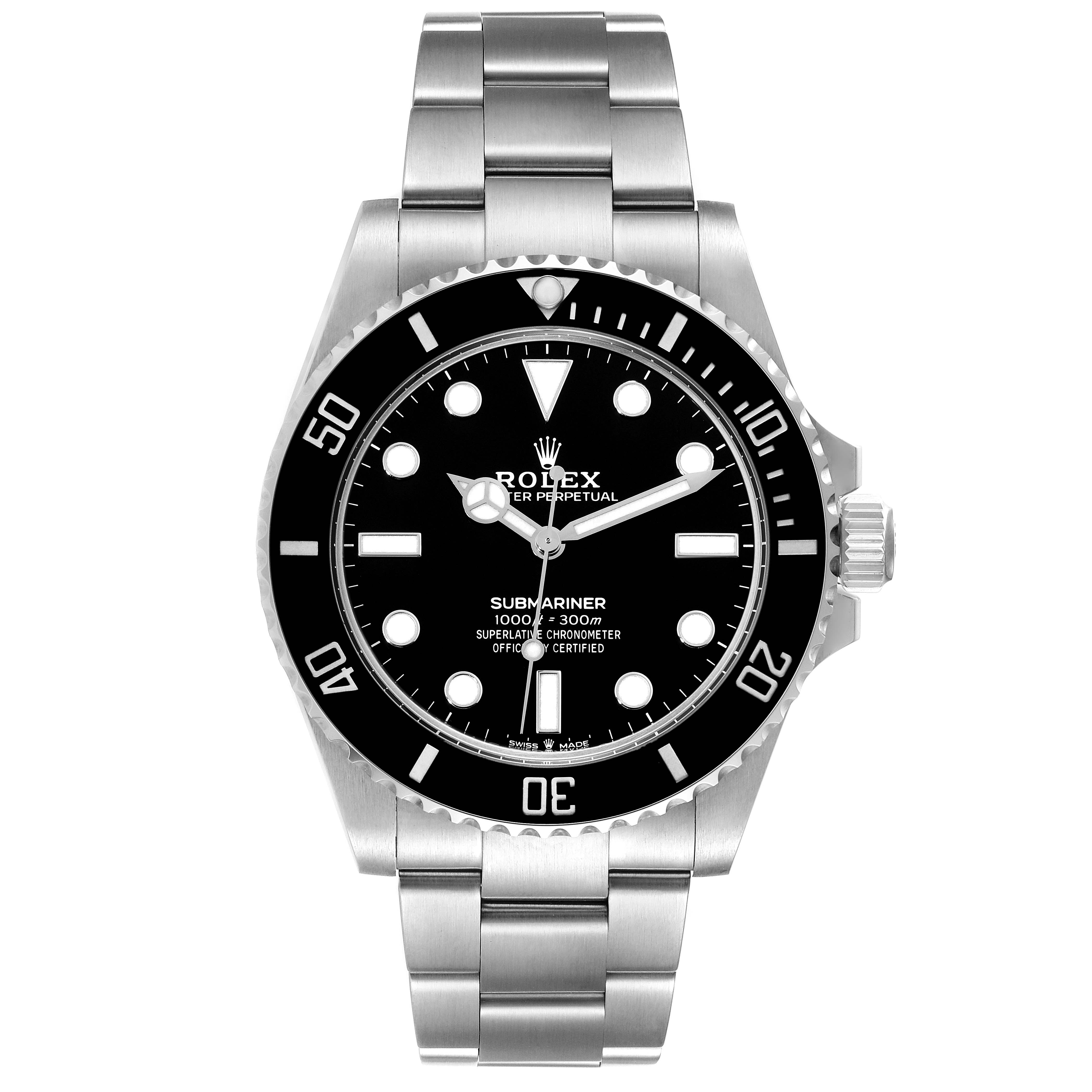 This image shows a front view of the Rolex Submariner 124060 Men's Stainless Steel Black Dial 124060 Men's Stainless Steel Black Dial watch, featuring its dial, bezel, and stainless steel bracelet.