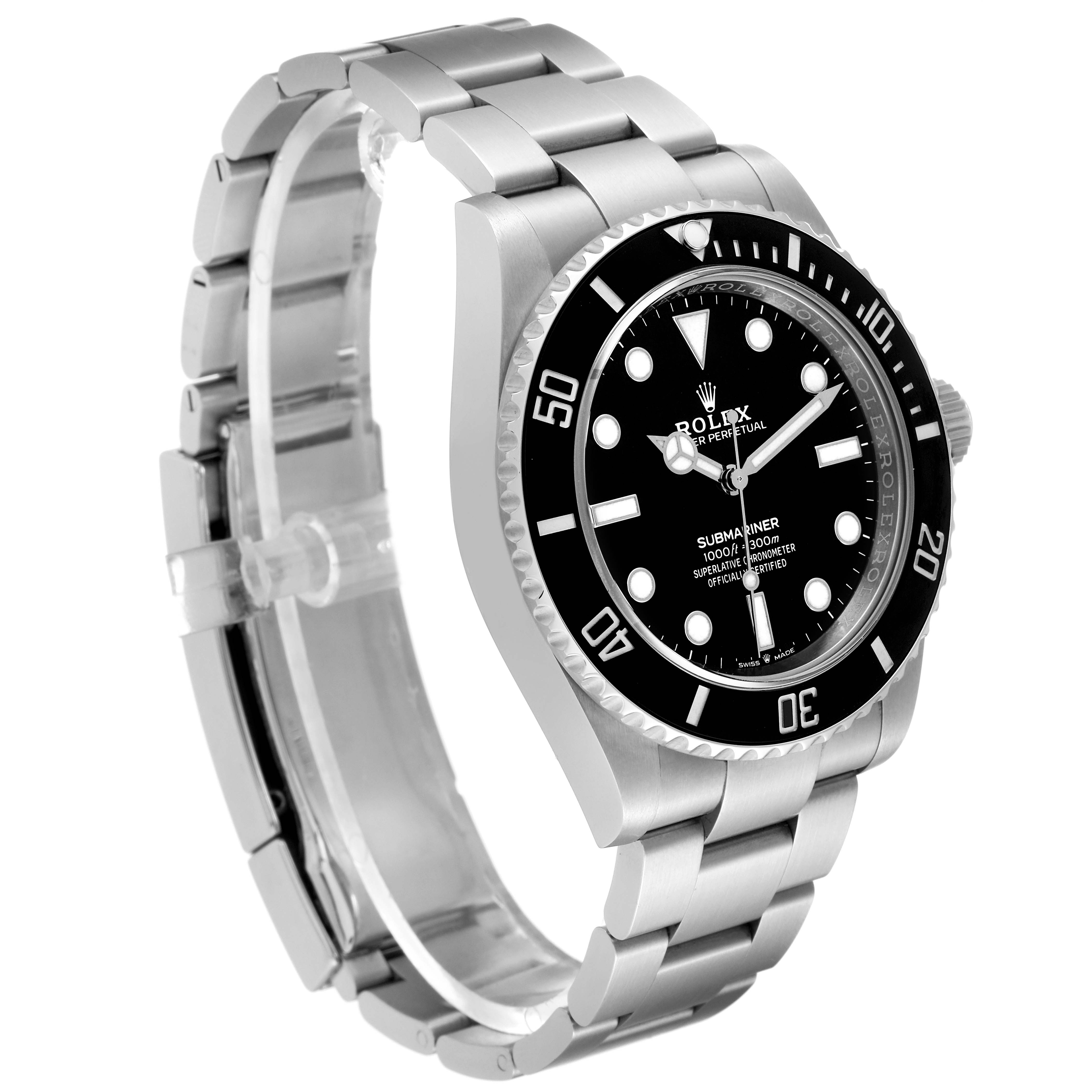 The image shows a Rolex Submariner 124060 Men's Stainless Steel Black Dial 124060 Men's Stainless Steel Black Dial watch at a three-quarter angle, highlighting the bezel, dial, and stainless steel bracelet.