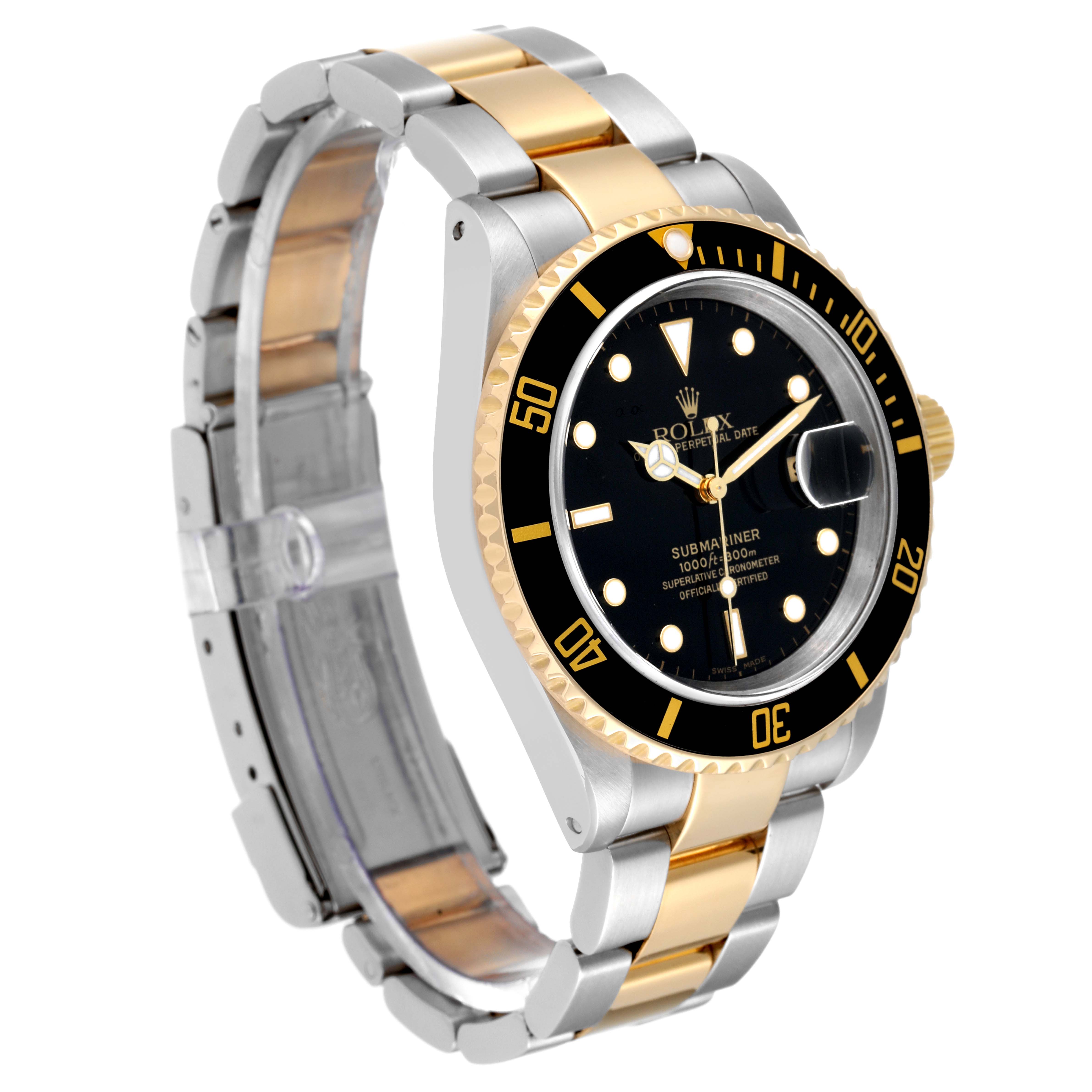 This image shows a side and front angle of a Rolex Submariner 16613 Men
s Steel and Gold (two tone) Black Dial 16613 Men
s Steel and Gold (two tone) Black Dial watch, highlighting its bezel, dial, and two-tone metal bracelet.