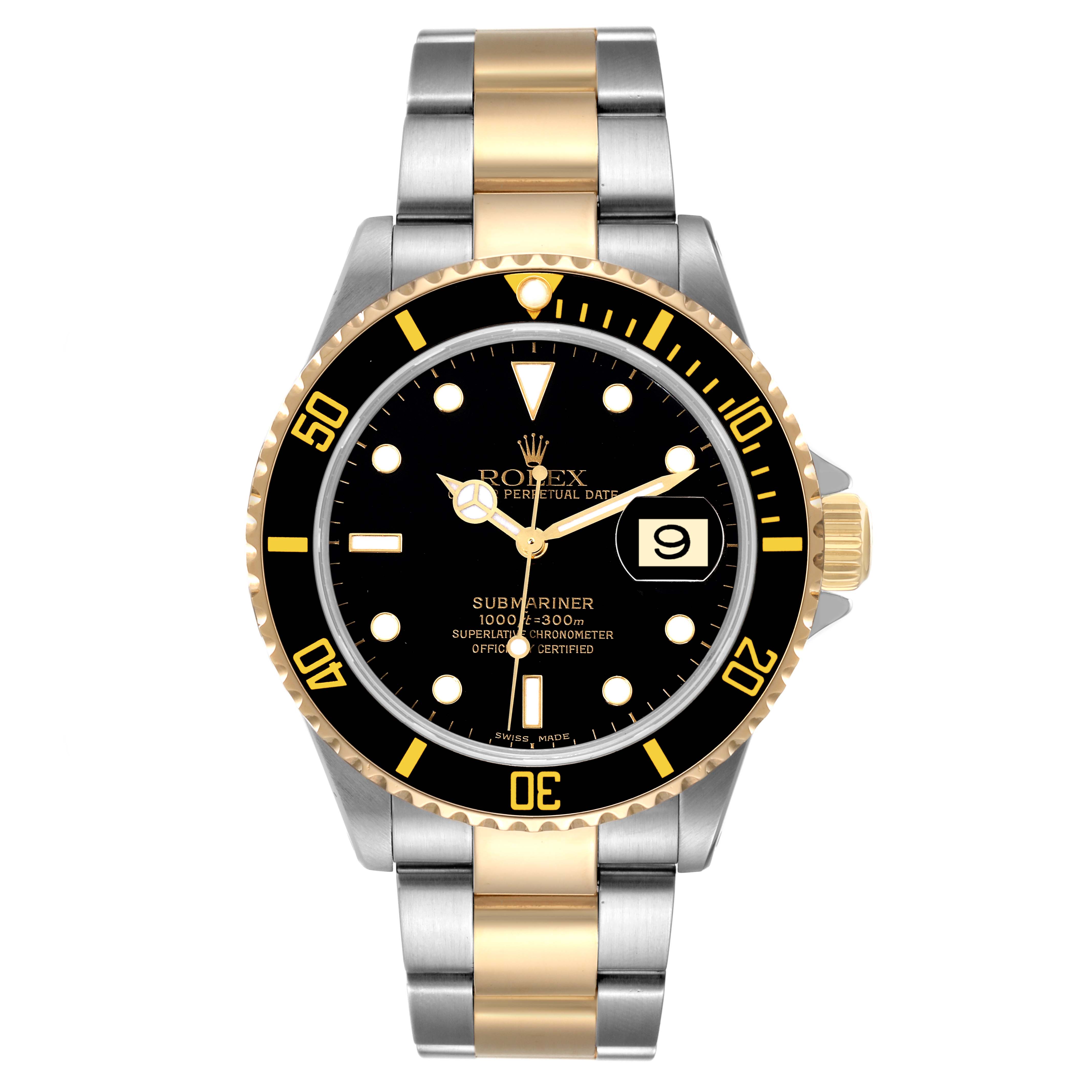 This image shows a front view of a Rolex Submariner 16613 Men
s Steel and Gold (two tone) Black Dial 16613 Men
s Steel and Gold (two tone) Black Dial watch, highlighting its dial, bezel, and bracelet.