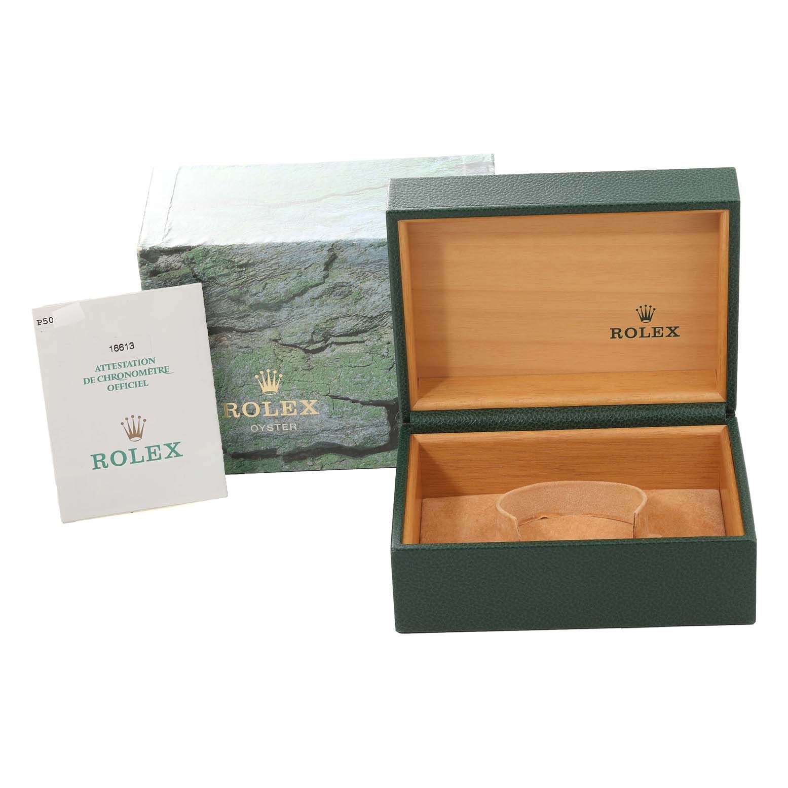 The image shows an open Rolex Submariner 16613 Men
s Steel and Gold (two tone) Black Dial 16613 Men
s Steel and Gold (two tone) Black Dial watch box, its outer green packaging, and official documentation.