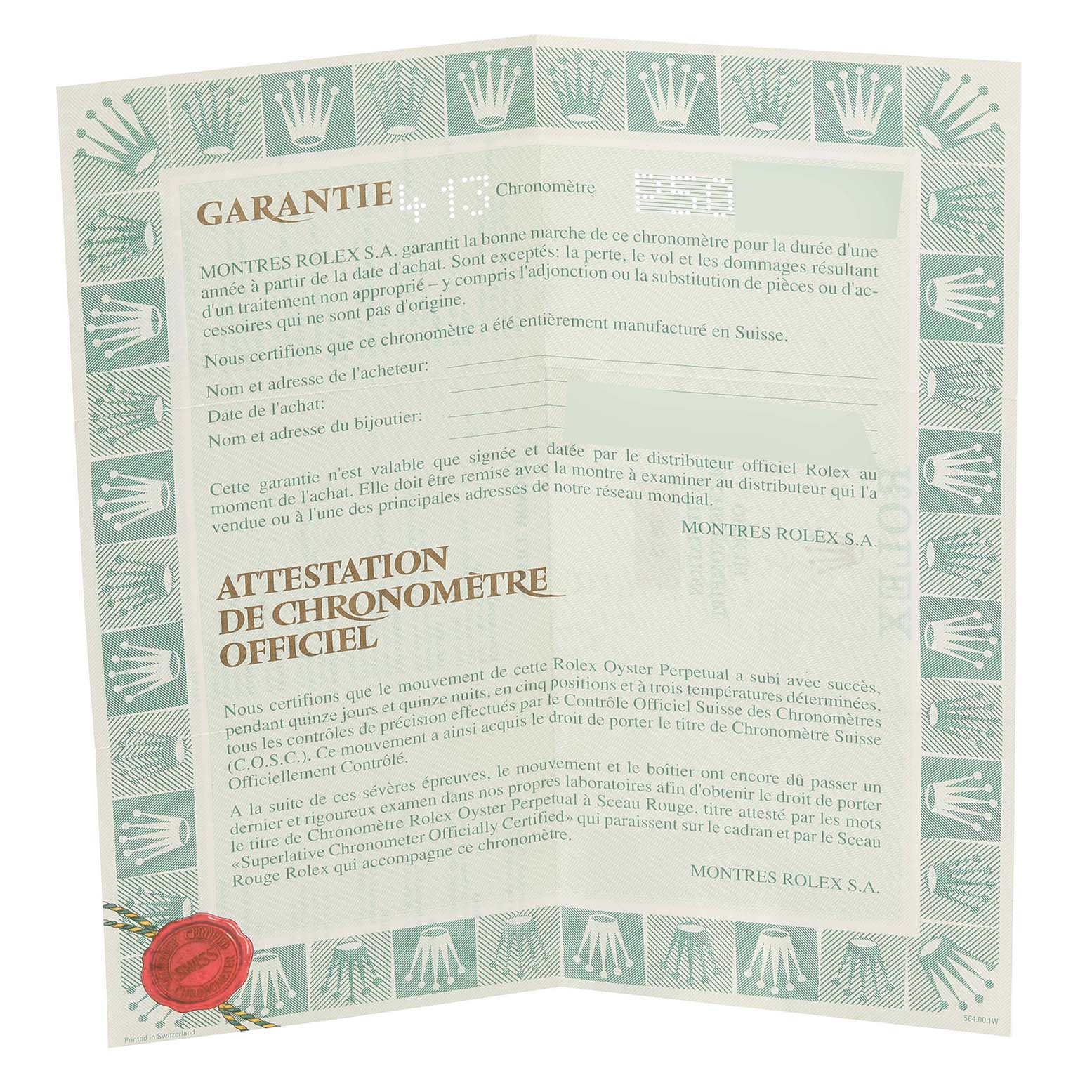 The image shows an opened warranty and official chronometer certification document for a Rolex Submariner 16613 Men
s Steel and Gold (two tone) Black Dial 16613 Men
s Steel and Gold (two tone) Black Dial watch.