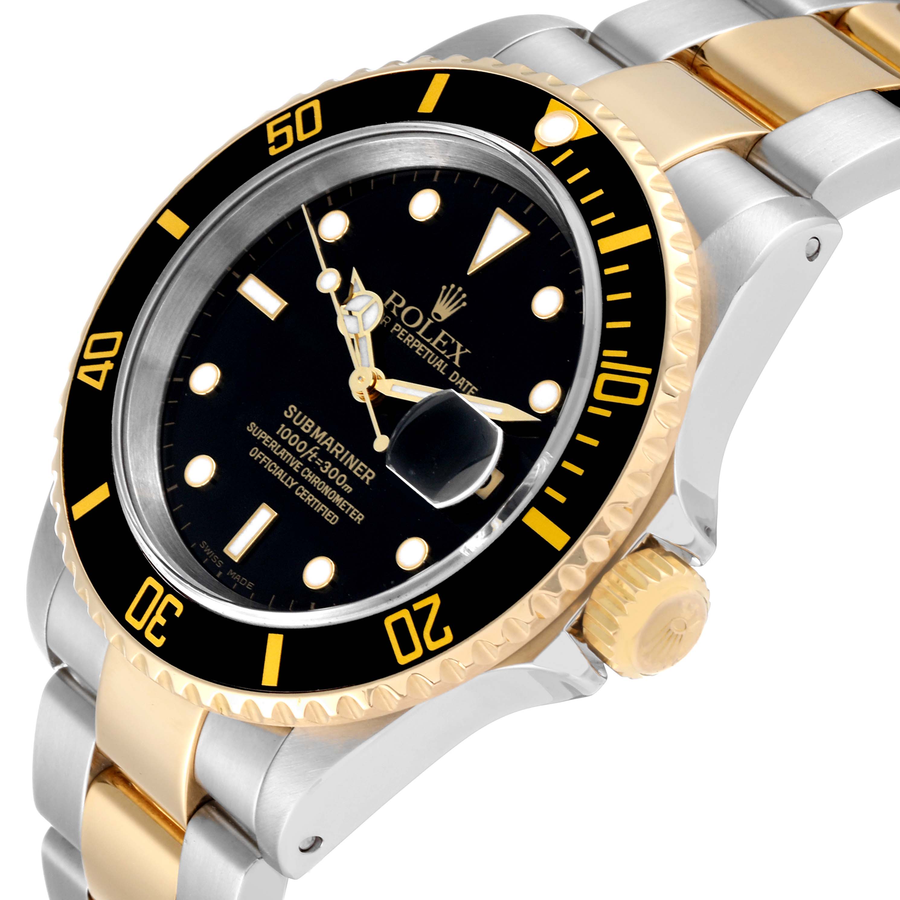 The image shows a close-up angle of the Rolex Submariner 16613 Men
s Steel and Gold (two tone) Black Dial 16613 Men
s Steel and Gold (two tone) Black Dial watch, highlighting the dial, bezel, and part of the bracelet.