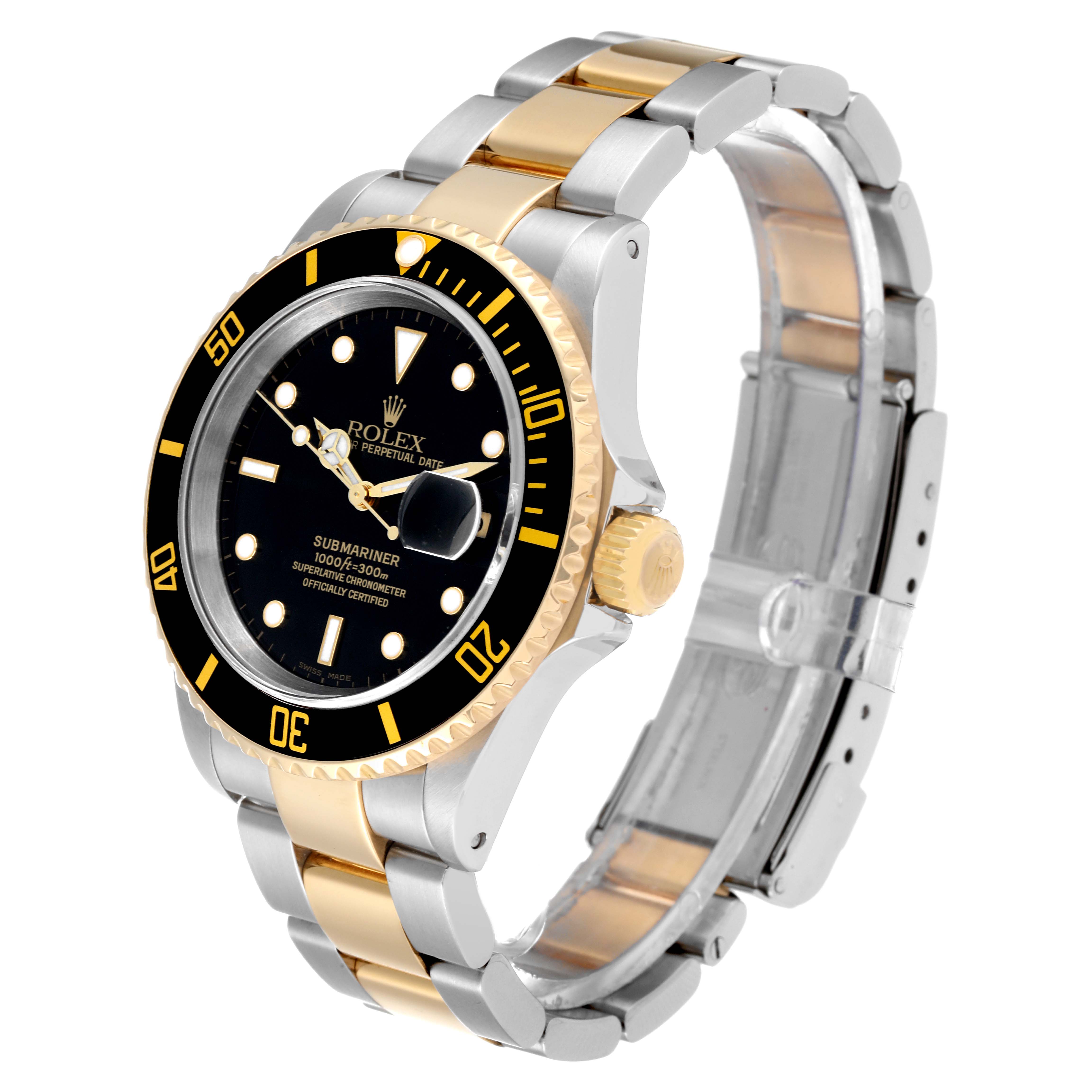 The Rolex Submariner 16613 Men
s Steel and Gold (two tone) Black Dial 16613 Men
s Steel and Gold (two tone) Black Dial watch is shown at a slight angle, showcasing its face, bezel, crown, and stainless steel bracelet with gold links.