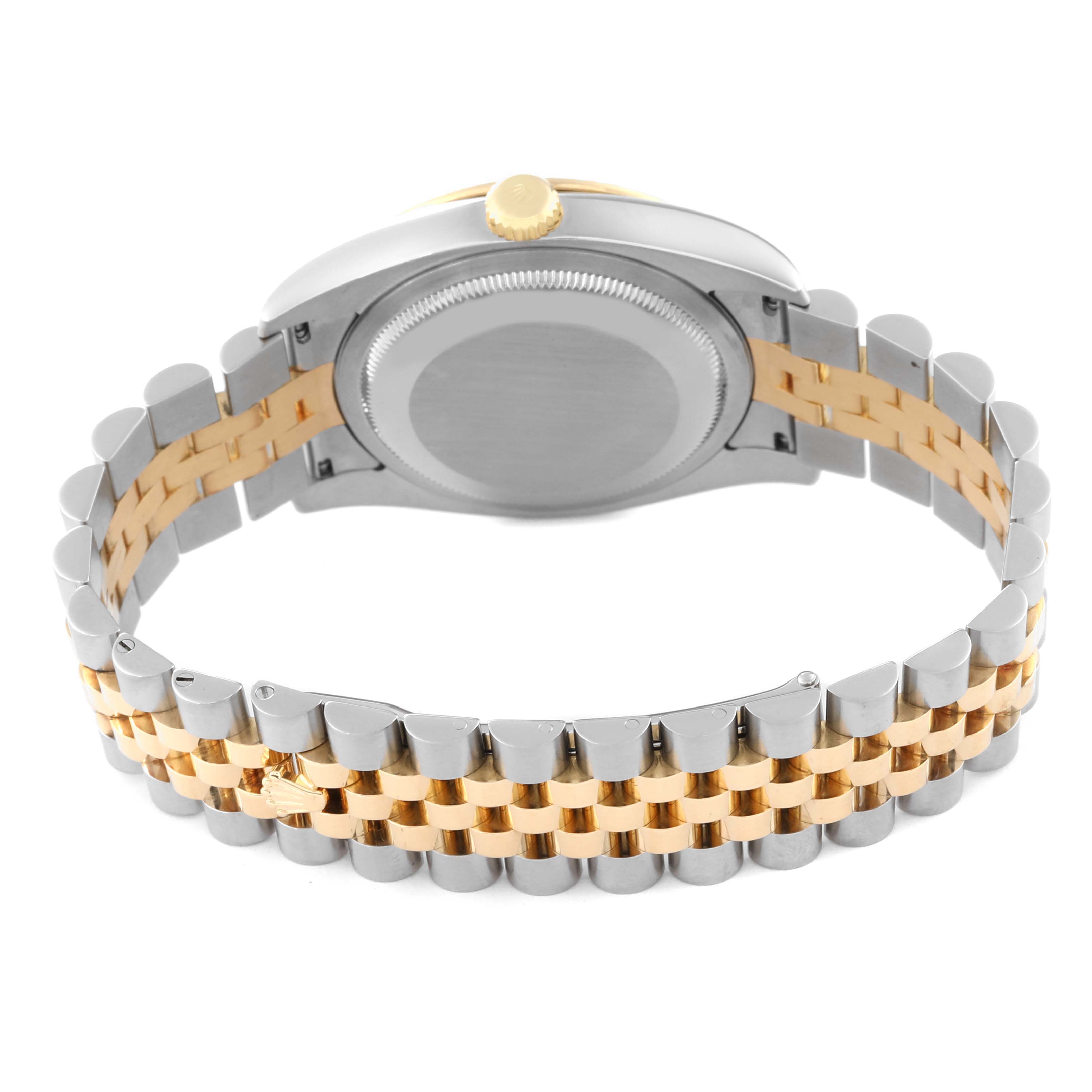 This image shows the back case and bracelet of a Rolex Turn-o-Graph 116263 Men
s Steel and Gold (two tone) Grey Dial 116263 Men
s Steel and Gold (two tone) Grey Dial watch, angled to display the clasp and crown.