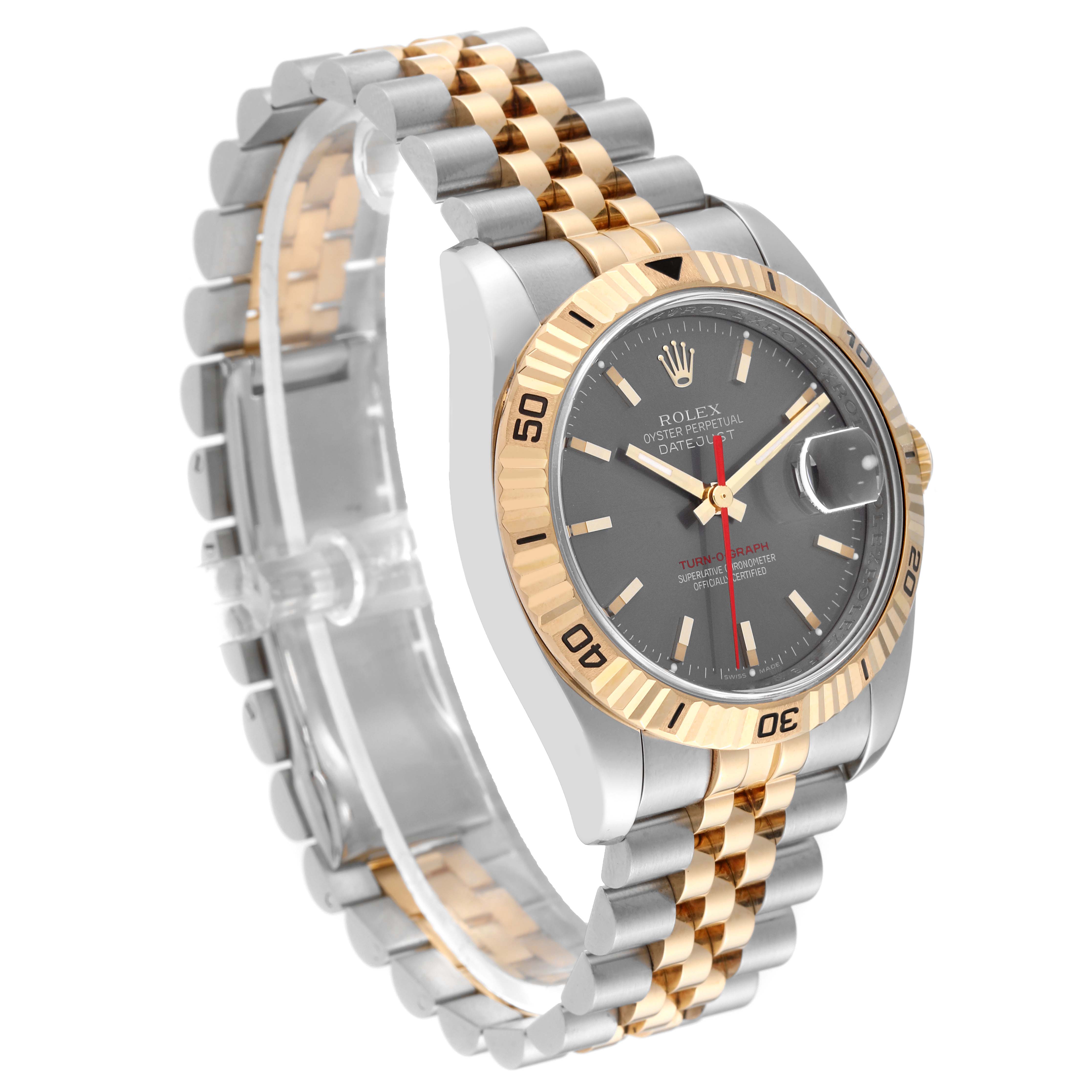 This image features a Rolex Turn-o-Graph 116263 Men
s Steel and Gold (two tone) Grey Dial 116263 Men
s Steel and Gold (two tone) Grey Dial watch at a three-quarter angle, highlighting the face, bezel, and bracelet.