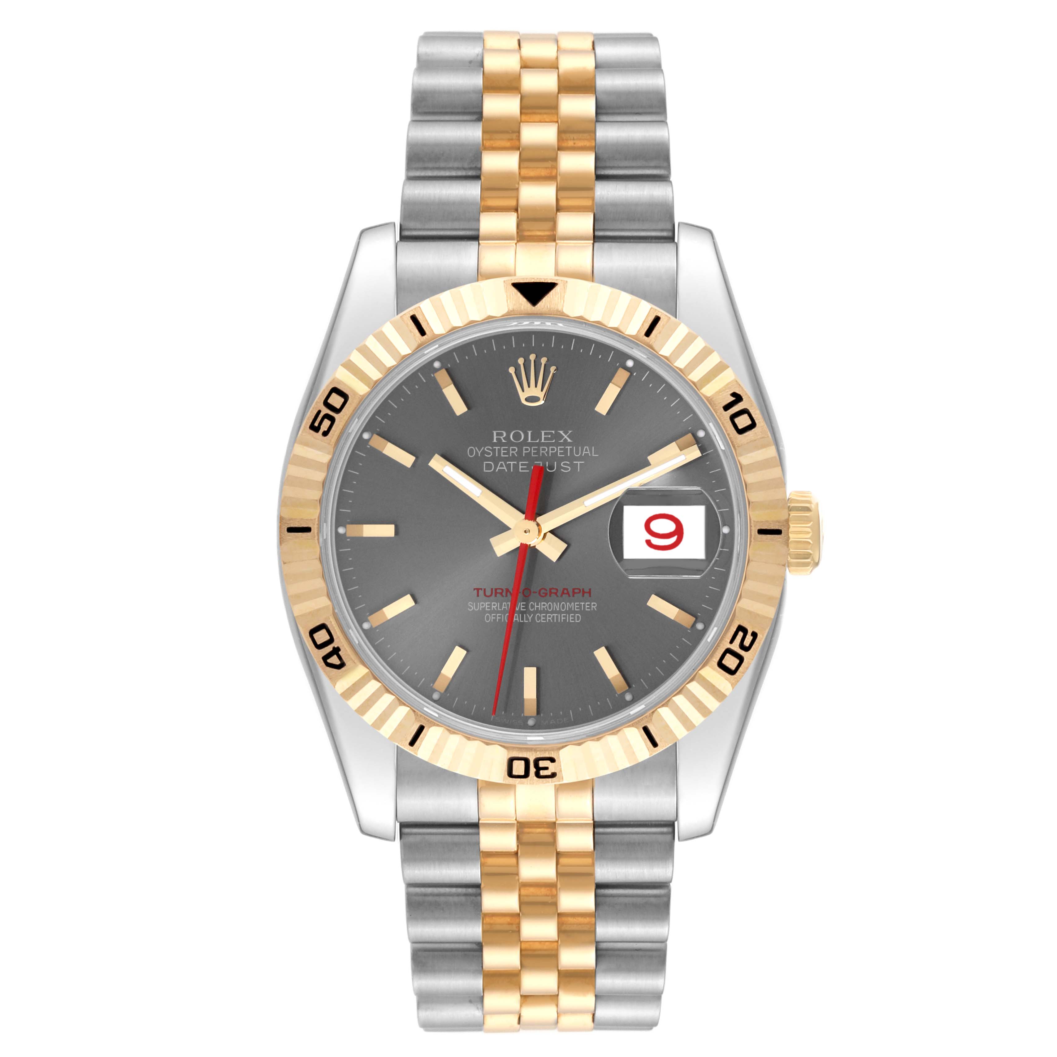 This Rolex Turn-o-Graph 116263 Men
s Steel and Gold (two tone) Grey Dial 116263 Men
s Steel and Gold (two tone) Grey Dial watch is shown from a frontal angle, displaying its two-tone bracelet, bezel, and face with a date window.