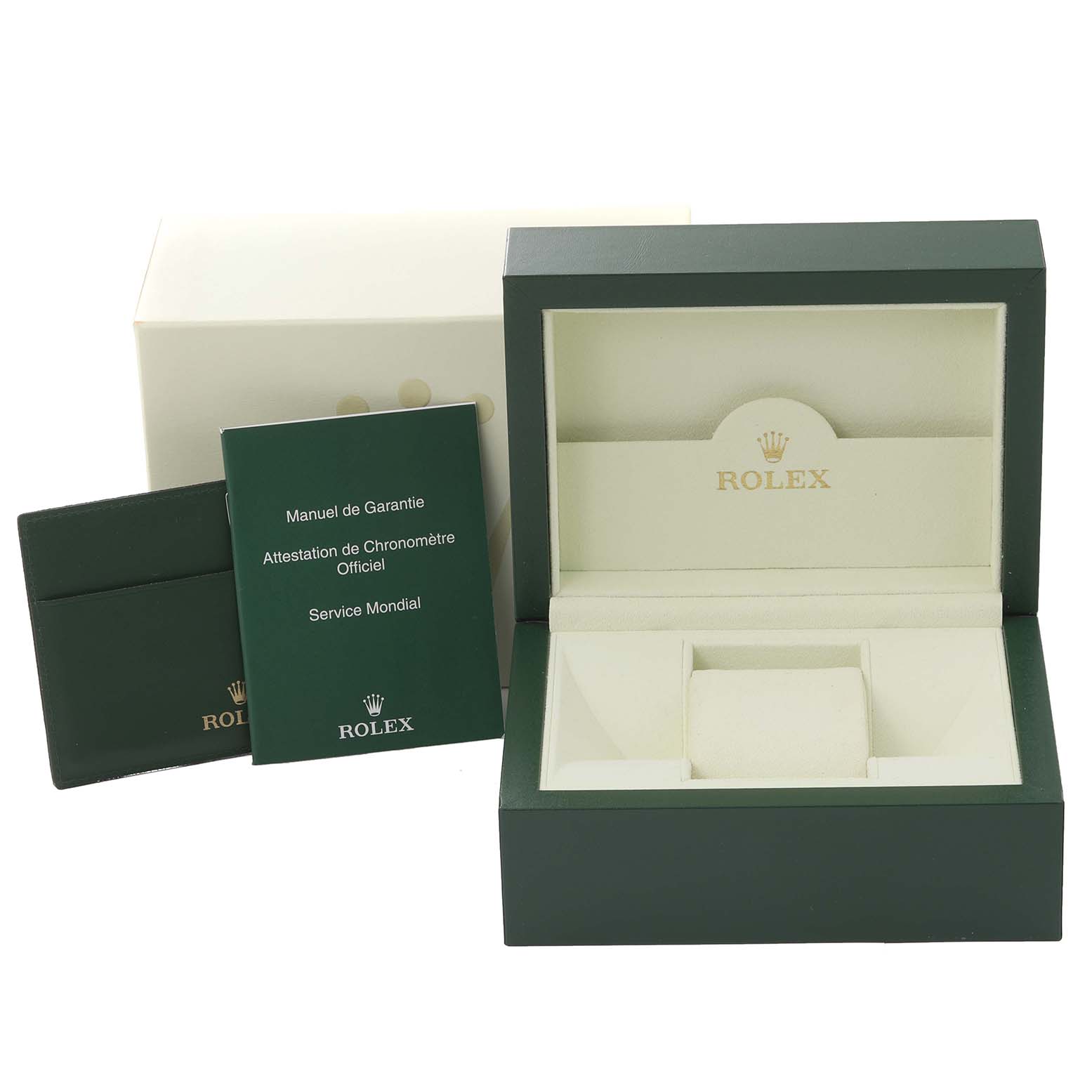 The image shows a green Rolex Turn-o-Graph 116263 Men
s Steel and Gold (two tone) Grey Dial 116263 Men
s Steel and Gold (two tone) Grey Dial box, warranty card, manual, and Rolex
s official documentation.