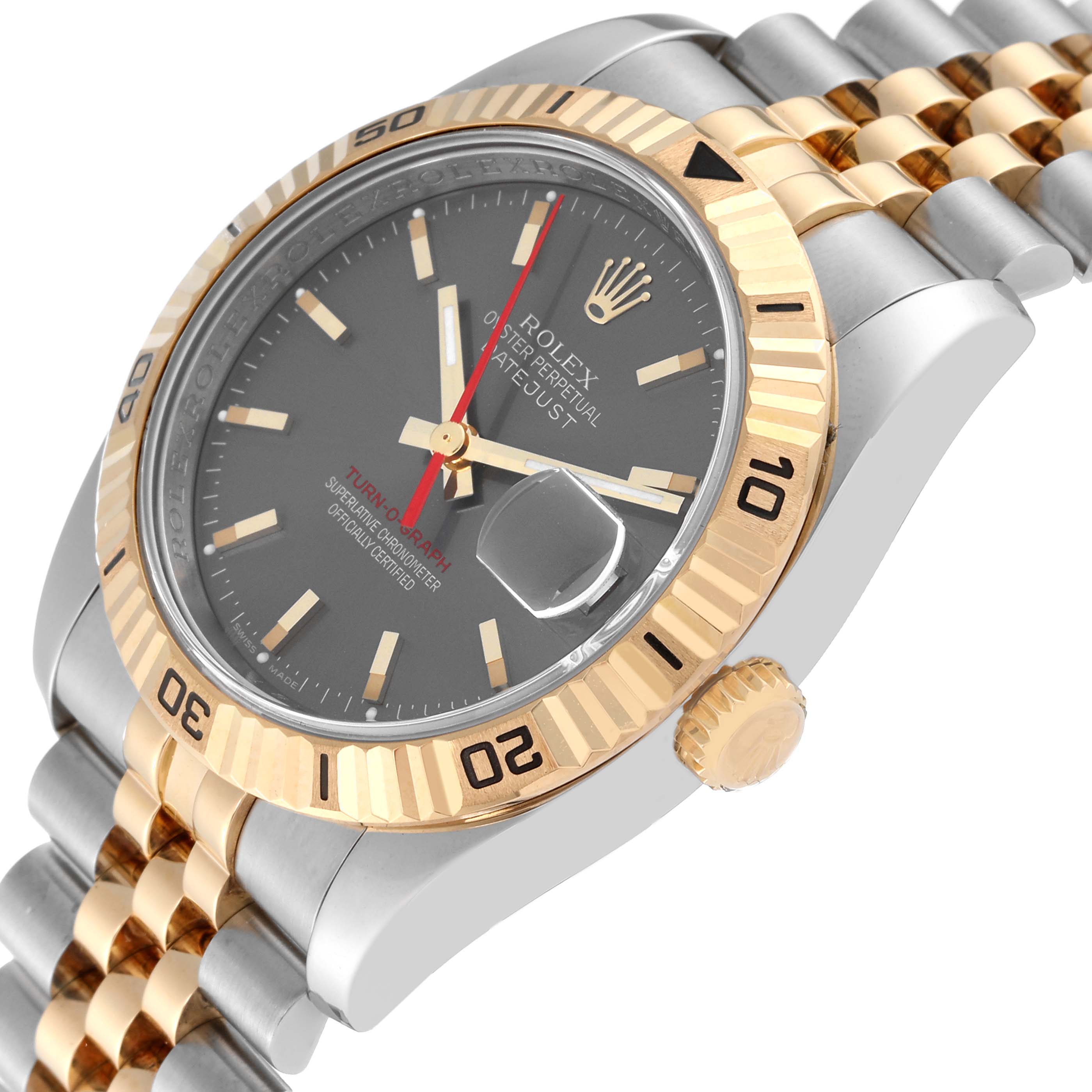 The image displays a Rolex Turn-o-Graph 116263 Men
s Steel and Gold (two tone) Grey Dial 116263 Men
s Steel and Gold (two tone) Grey Dial watch at an angle showcasing its gold bezel, crown, face, and two-tone bracelet.