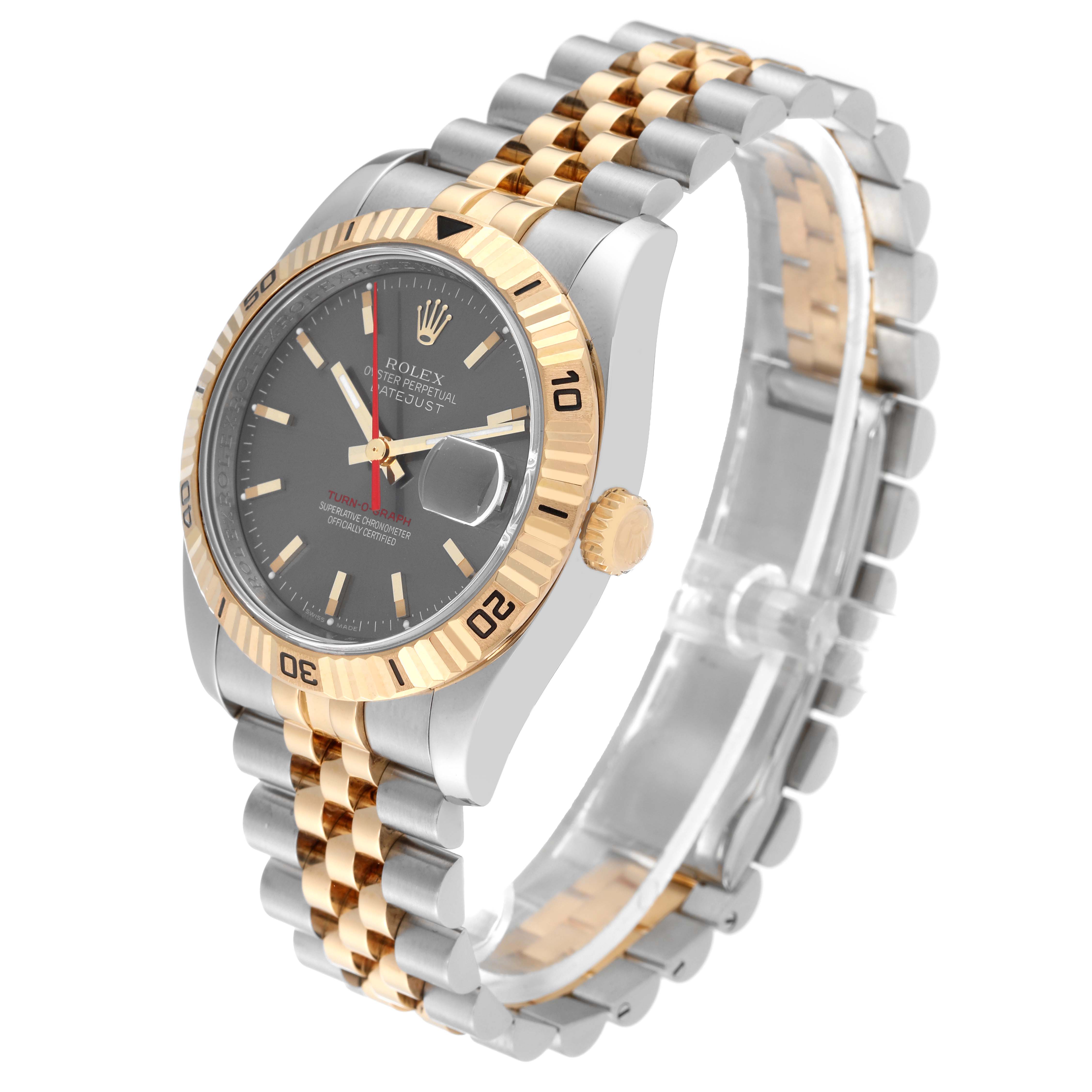 The image shows a Rolex Turn-o-Graph 116263 Men
s Steel and Gold (two tone) Grey Dial 116263 Men
s Steel and Gold (two tone) Grey Dial watch, angled from the front-left, highlighting the gold bezel, grey dial, and two-tone bracelet.