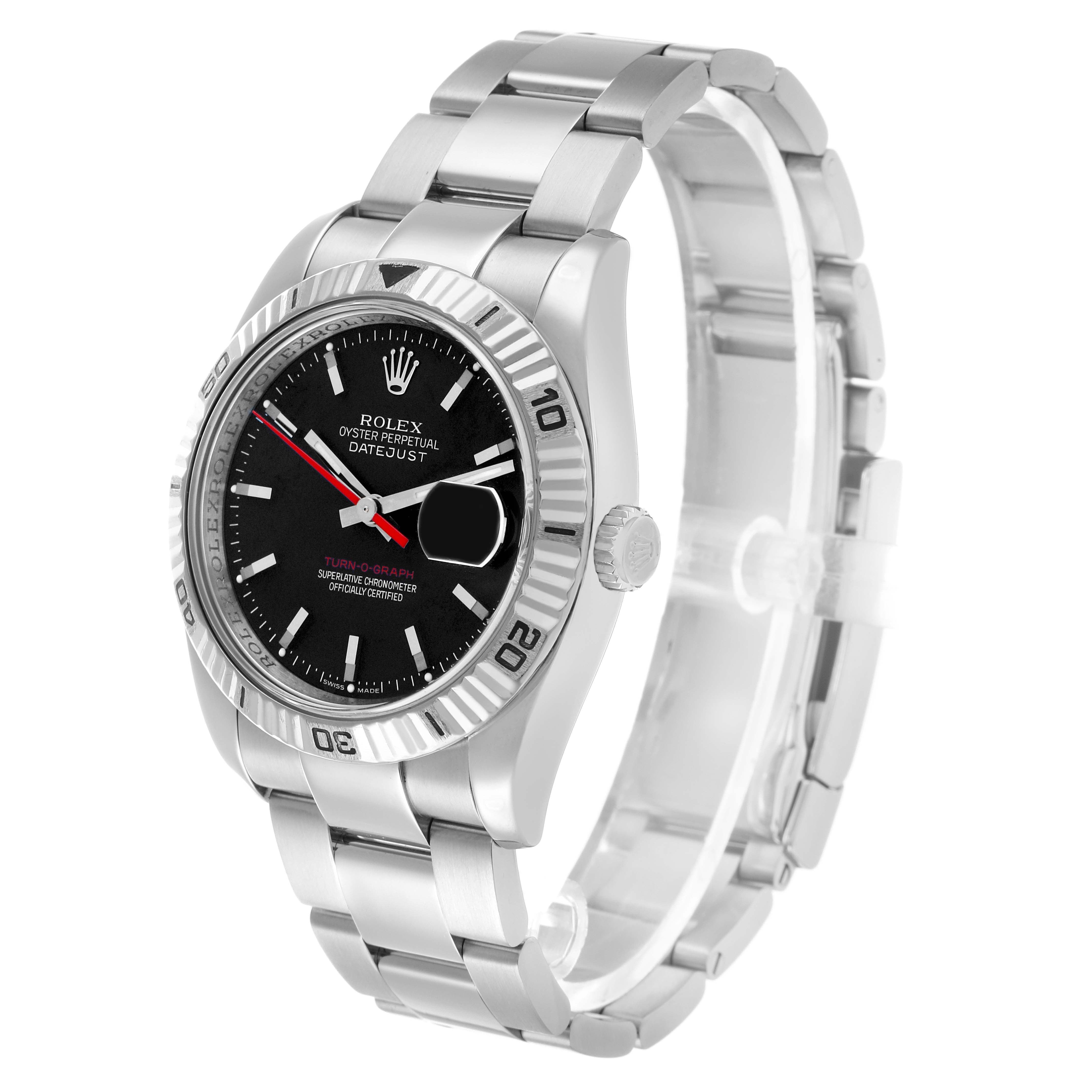 The Rolex Turn-o-Graph 116264 Men's Stainless Steel Black Dial watch is shown from a front angle, displaying the face, bezel, crown, and part of the bracelet.