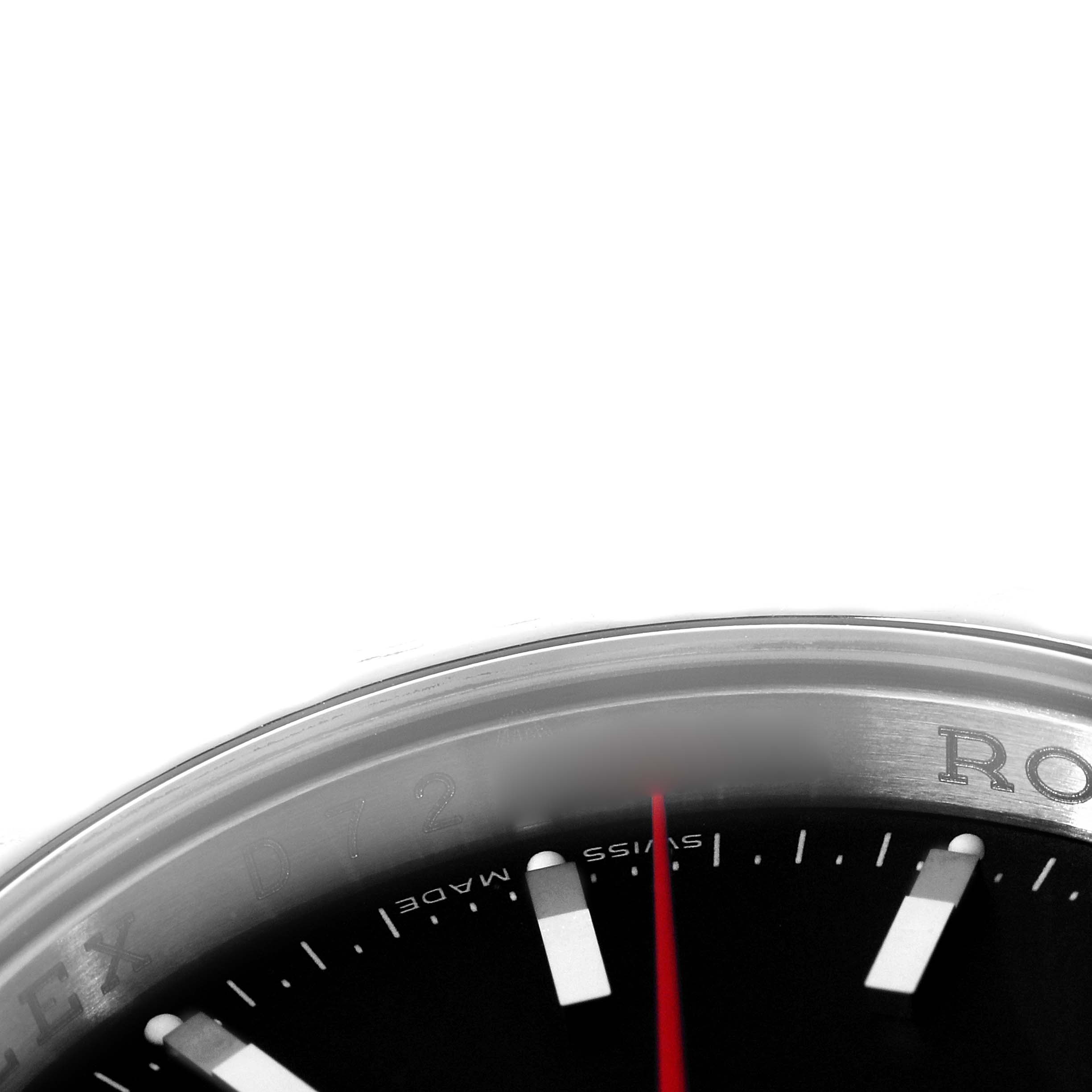The image shows a close-up of the bezel and a portion of the dial of a Rolex Turn-o-Graph 116264 Men's Stainless Steel Black Dial, highlighting the red second hand.